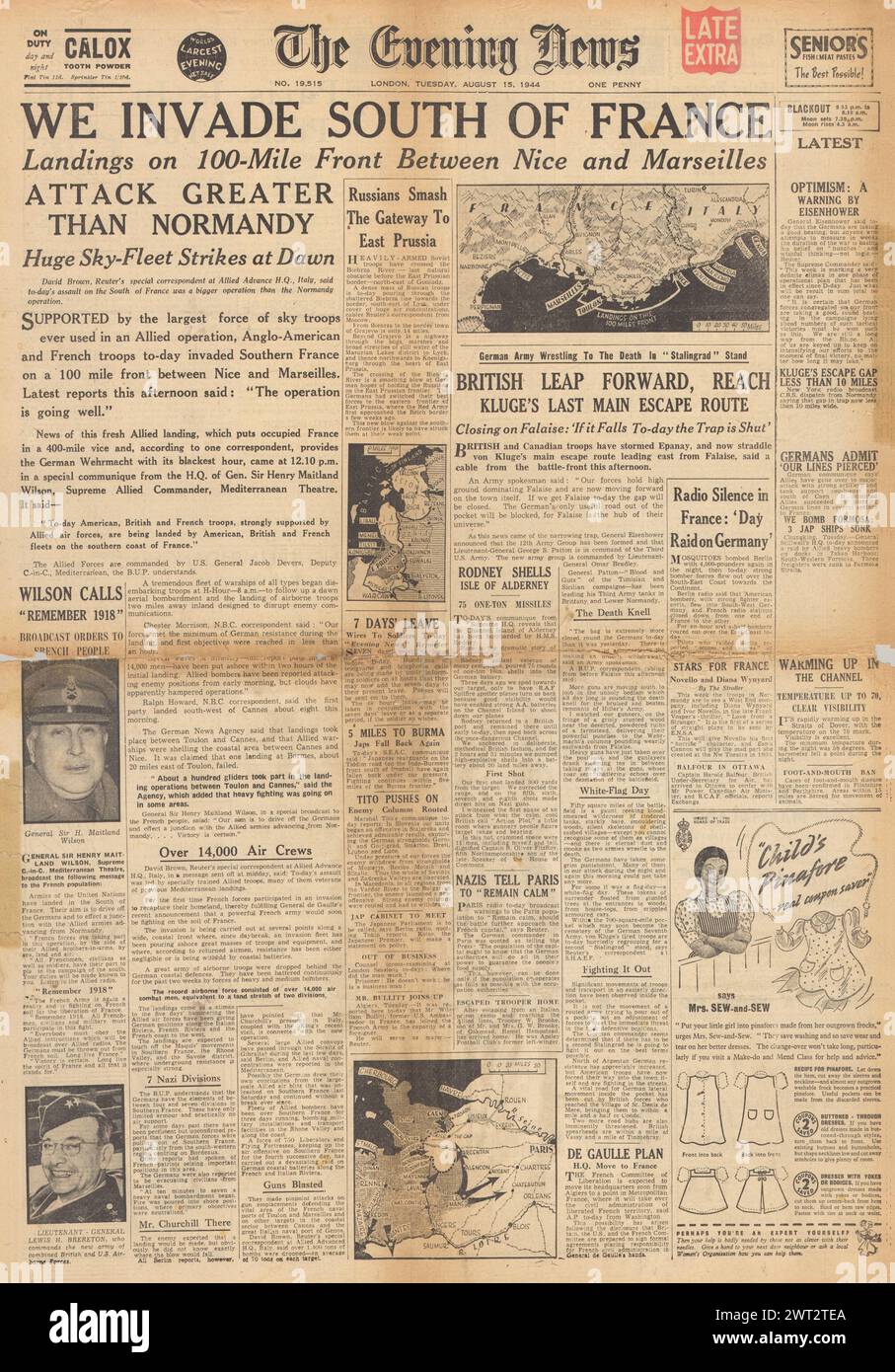 1944 la prima pagina di Evening News riporta che gli Alleati invadono la Francia meridionale, combattono per la Normandia e la ritirata dell'esercito tedesco attraverso il Falaise Gap Foto Stock