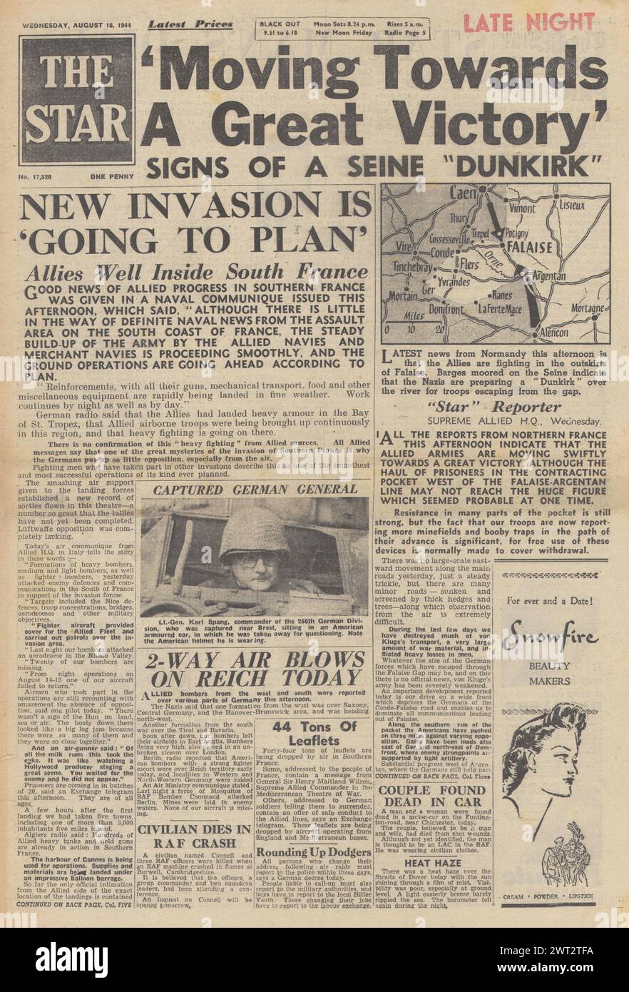 1944 la prima pagina della Star riporta che gli Alleati invadono la Francia meridionale, combattono per la Normandia e la ritirata dell'esercito tedesco attraverso il Falaise Gap Foto Stock