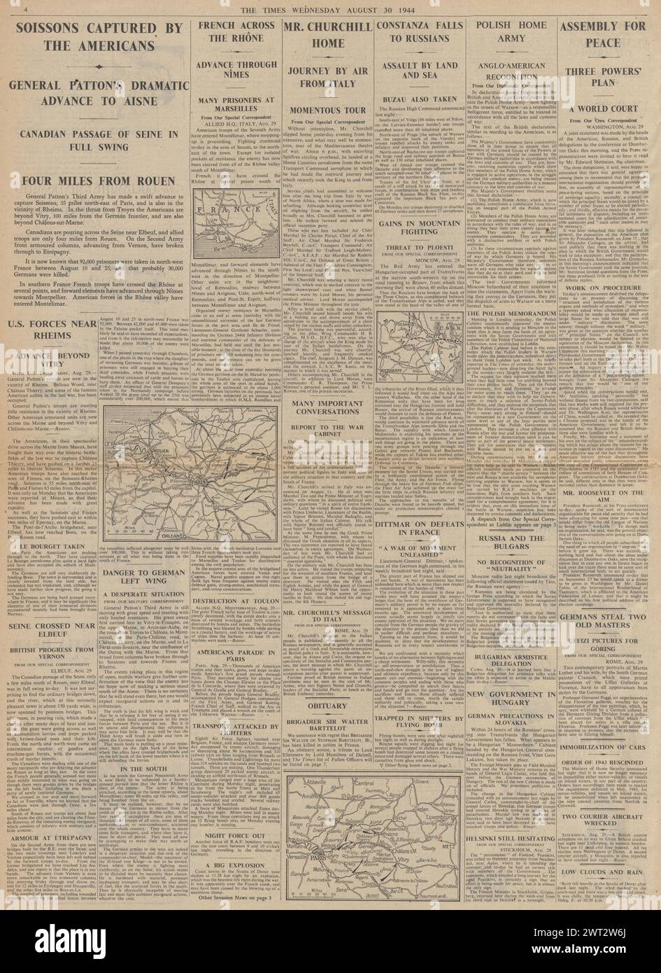 1944 The Times riportava che gli Alleati sull'Aisne catturavano Soissons e Vitry e l'Armata Rossa catturavano Constanza Foto Stock