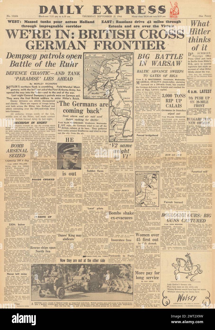 1944 la prima pagina del Daily Express riportava che le forze britanniche attraversavano il confine tedesco, la battaglia di Arnhem e la battaglia per Varsavia Foto Stock