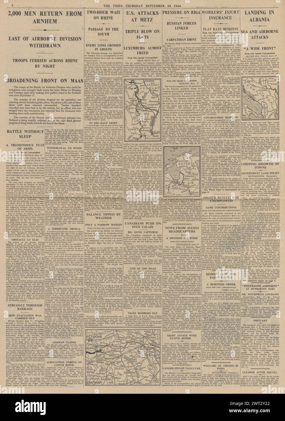 1944 The Times riportava che gli Alleati invasero l'Albania, Battaglia per l'Olanda, Battaglia per Arnhem e l'Armata Rossa avanzarono verso riga Foto Stock