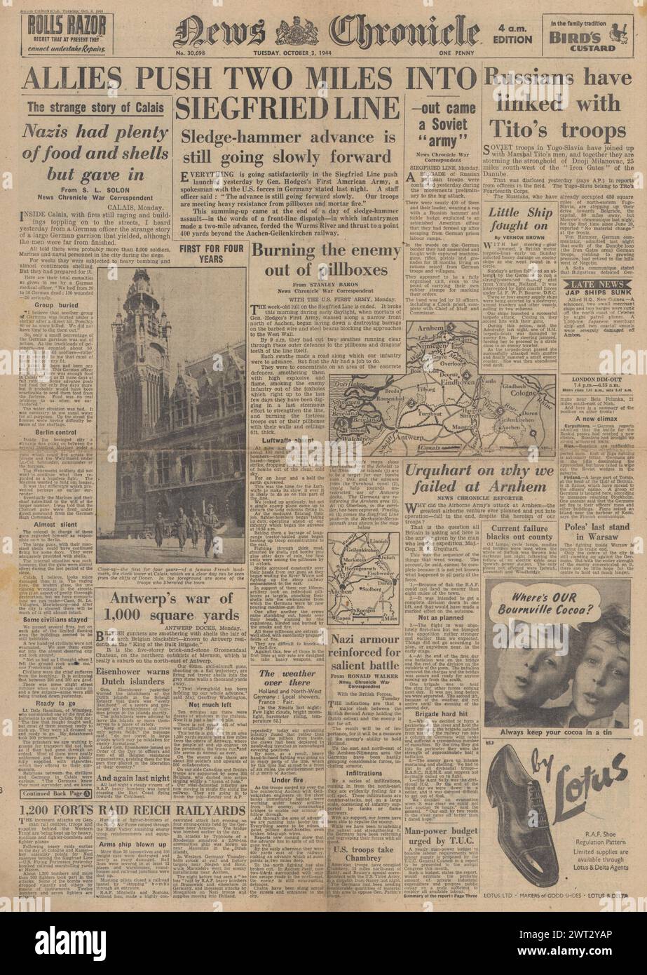 1944 News Chronicle in prima pagina riportava le forze statunitensi attraverso la linea Sigfrido, la Battaglia di Arnhem e l'Armata Rossa in Jugoslavia Foto Stock