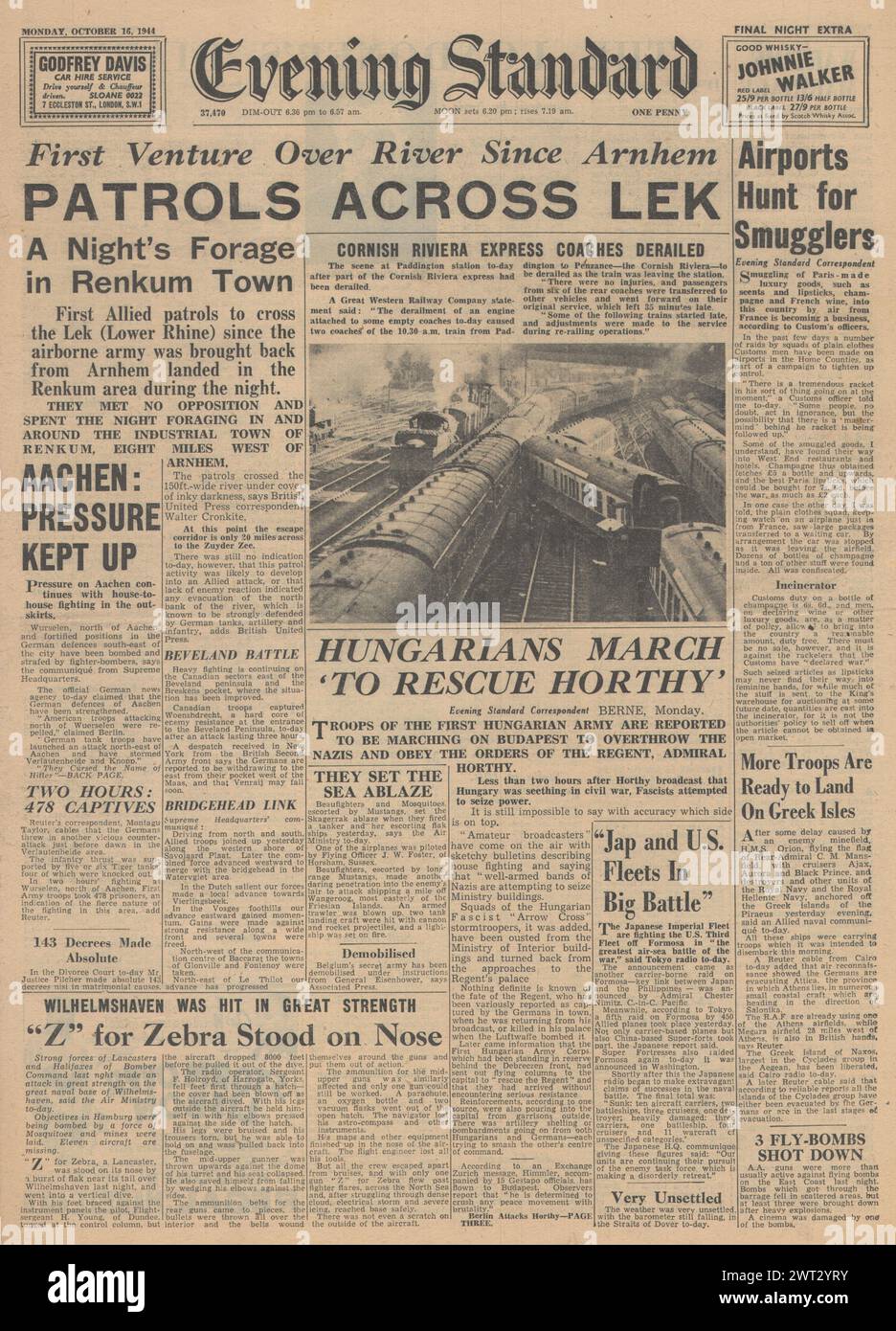 1944 Evening Standard in prima pagina che riporta che gli Alleati attraversano il fiume Lek, Battle for Aachen, Cornish Riviera deraglia a Paddington e Air Battles al largo di Formosa Foto Stock