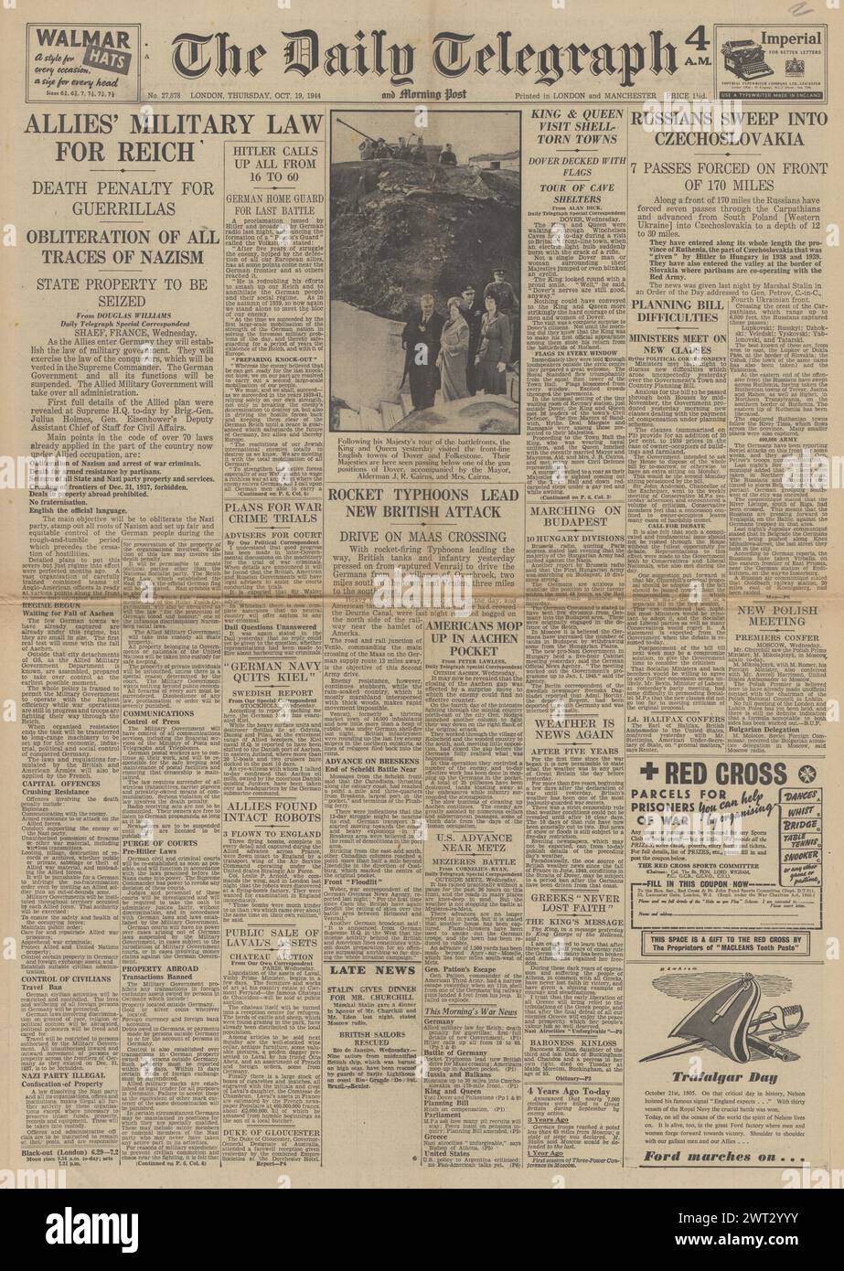 1944 la prima pagina del Daily Telegraph riportava il piano alleato per la Germania del dopoguerra, l'Armata Rossa in Cecoslovacchia e la Battaglia per l'Olanda Foto Stock