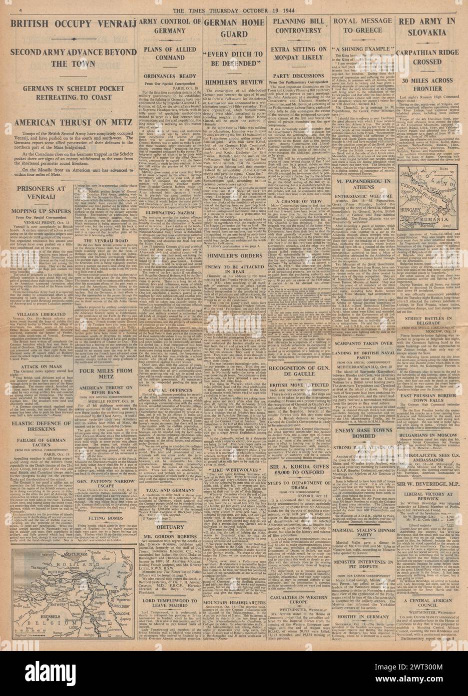 1944 The Times riportava il piano alleato per la Germania post-bellica, l'Armata Rossa in Cecoslovacchia, la battaglia per Aquisgrana e la battaglia della Schelda Foto Stock