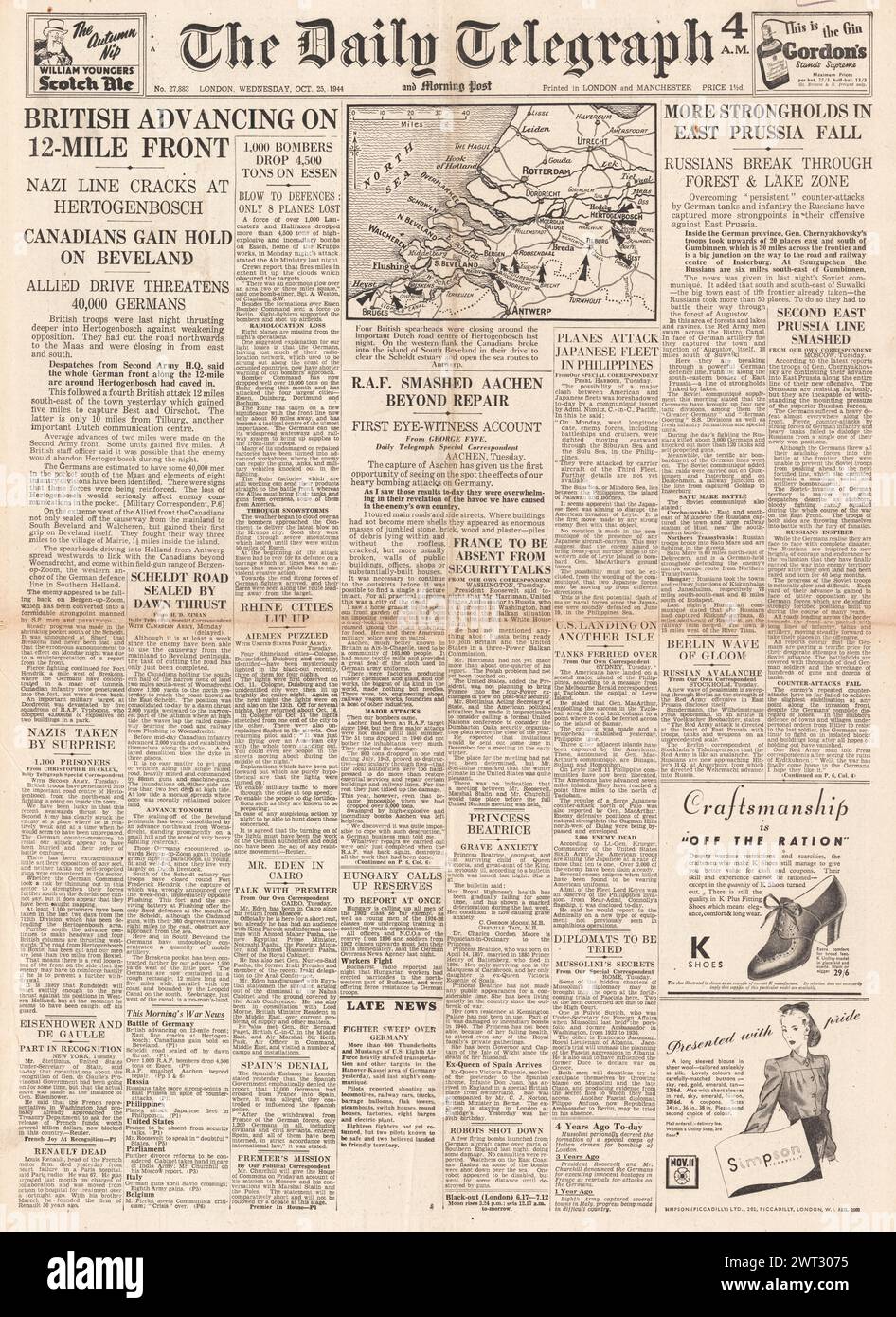 1944 la prima pagina del Daily Telegraph riportava la cattura britannica di Hertogenbosch, la battaglia del Golfo di Leyte, la bomba della RAF di Essen e l'avanzata dell'Armata Rossa nella Prussia orientale Foto Stock