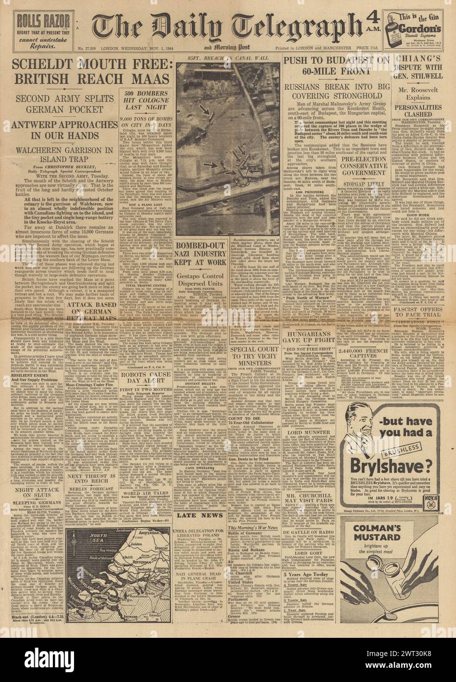 1944 la prima pagina del Daily Telegraph riportava il porto franco dell'esercito britannico di Anversa, il generale Stilwell richiamò dalla Cina, la bomba della RAF Colonia e l'avanzata dell'Armata Rossa su Budapest Foto Stock