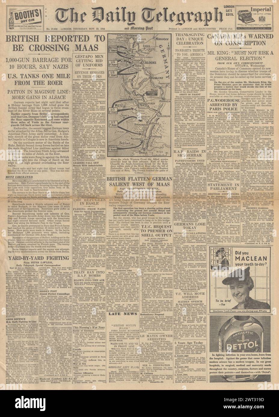 1944 la prima pagina del Daily Telegraph riporta che le forze britanniche attraversano il fiume Maas e P G Wodehouse arrestato a Parigi Foto Stock