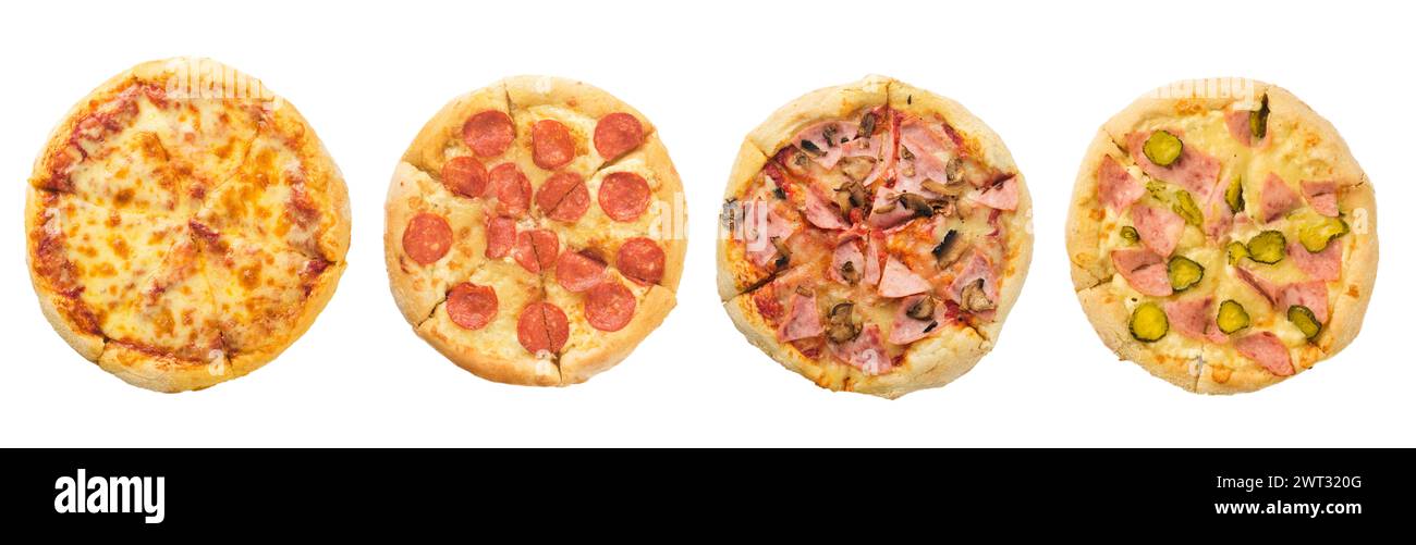 Raccolta o set di pizza, margarita, Pepperoni e formaggio, prosciutto e funghi e prosciutto e sottaceti isolati su sfondo bianco con percorso di ritaglio blan Foto Stock