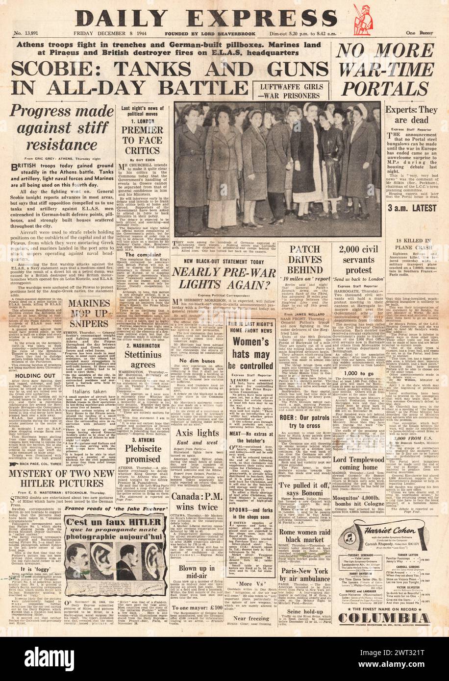 1944 la prima pagina del Daily Express riporta disordini ad Atene Foto Stock