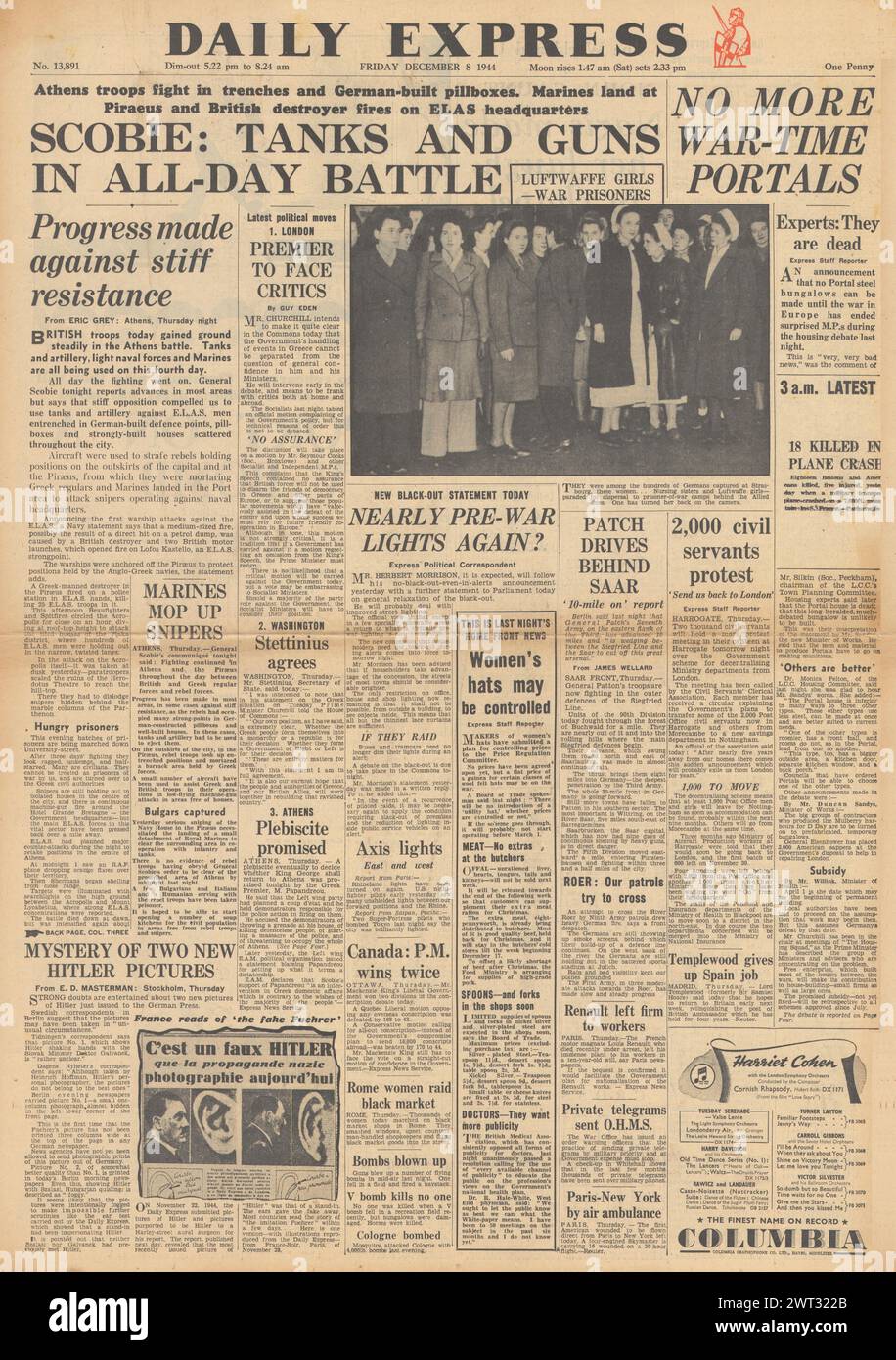 1944 la prima pagina del Daily Express riporta disordini ad Atene Foto Stock