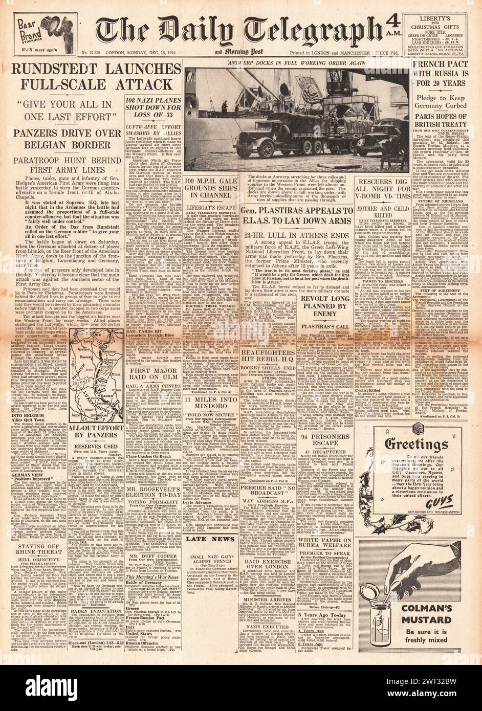 1944 la prima pagina del Daily Telegraph riporta la battaglia delle Ardenne e i colloqui di pace ad Atene Foto Stock