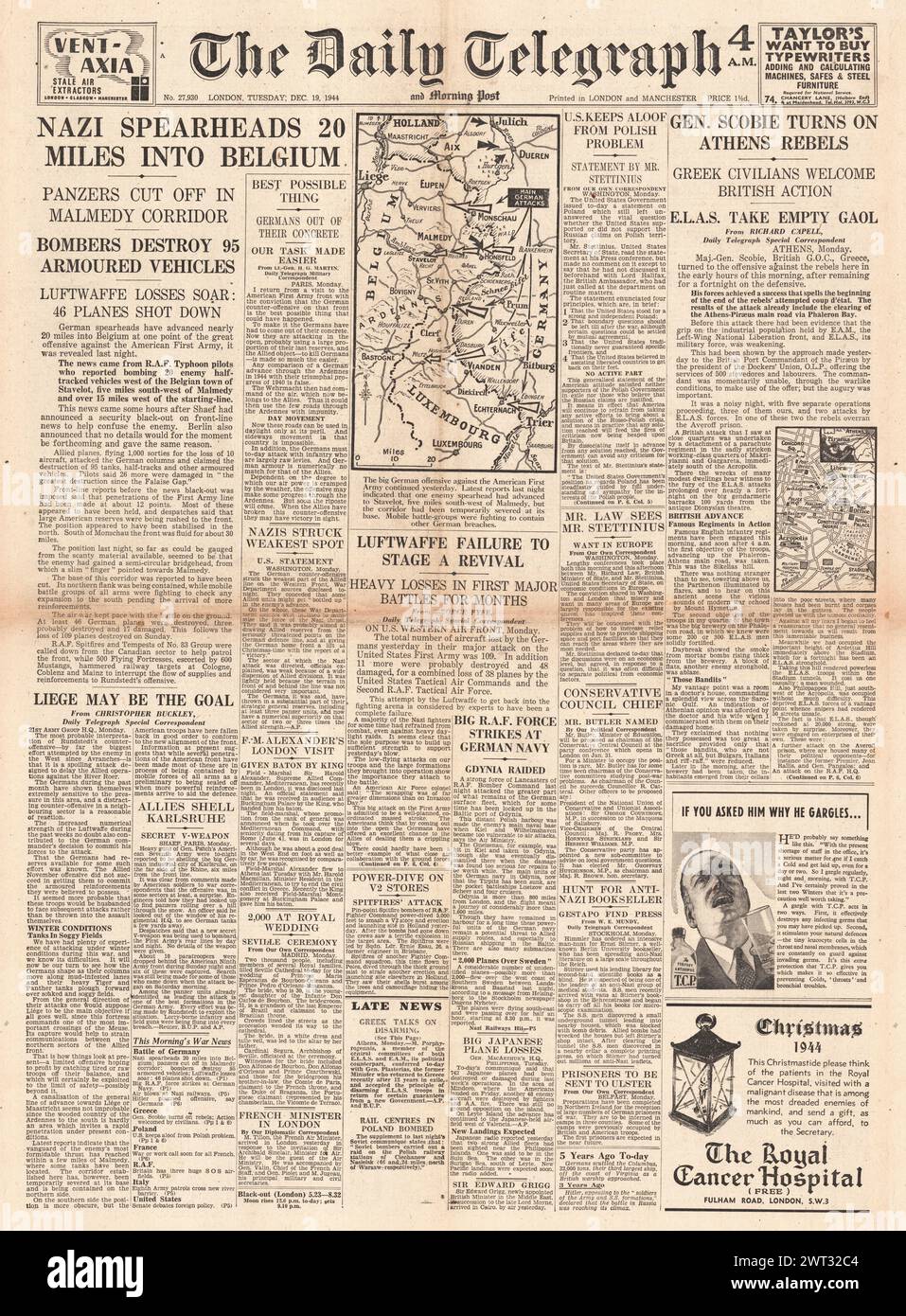 1944 la prima pagina del Daily Telegraph riporta la battaglia delle Ardenne e i colloqui di pace ad Atene Foto Stock