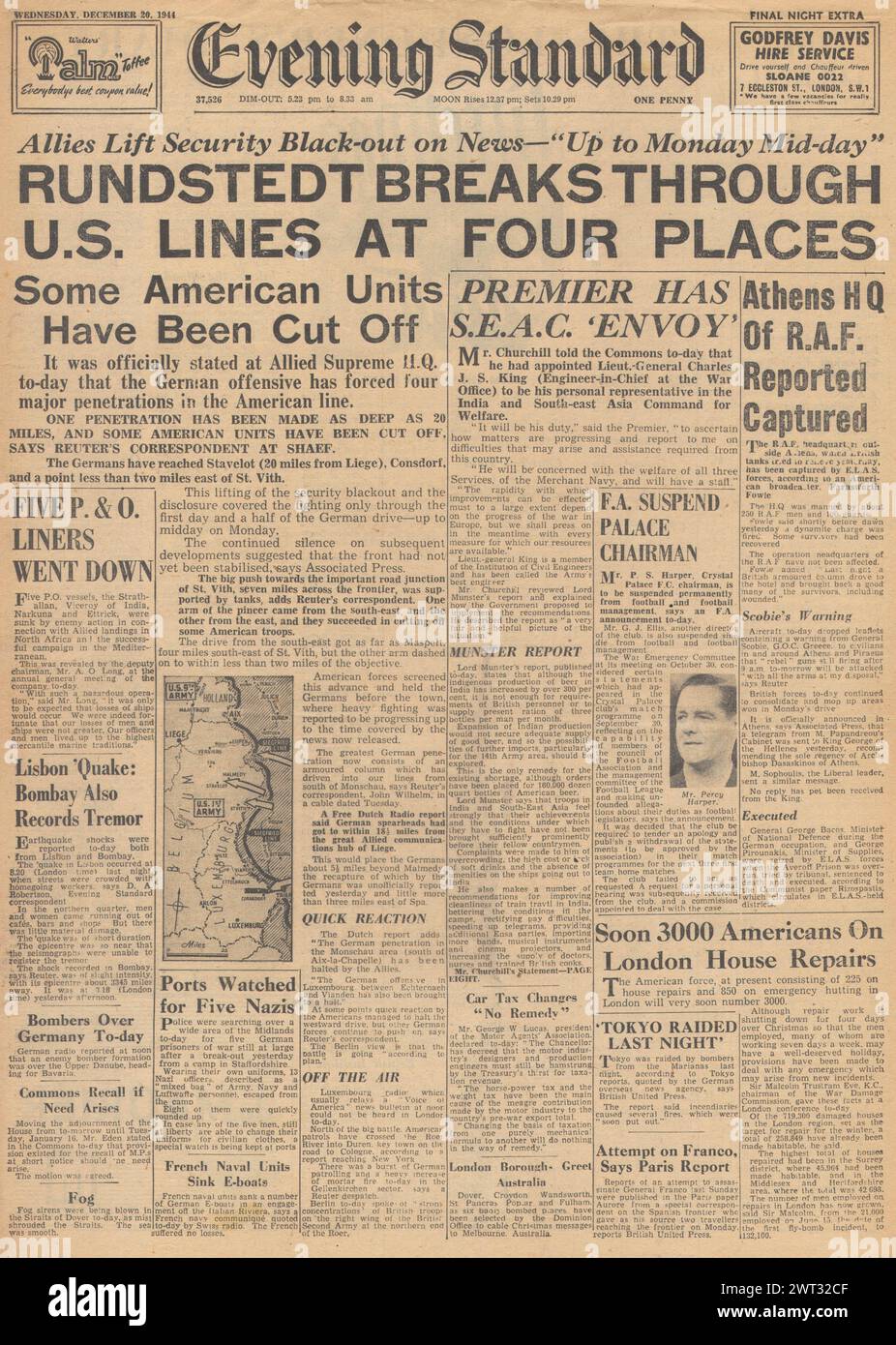 1944 Evening Standard in prima pagina che riporta la Battaglia delle Ardenne Foto Stock