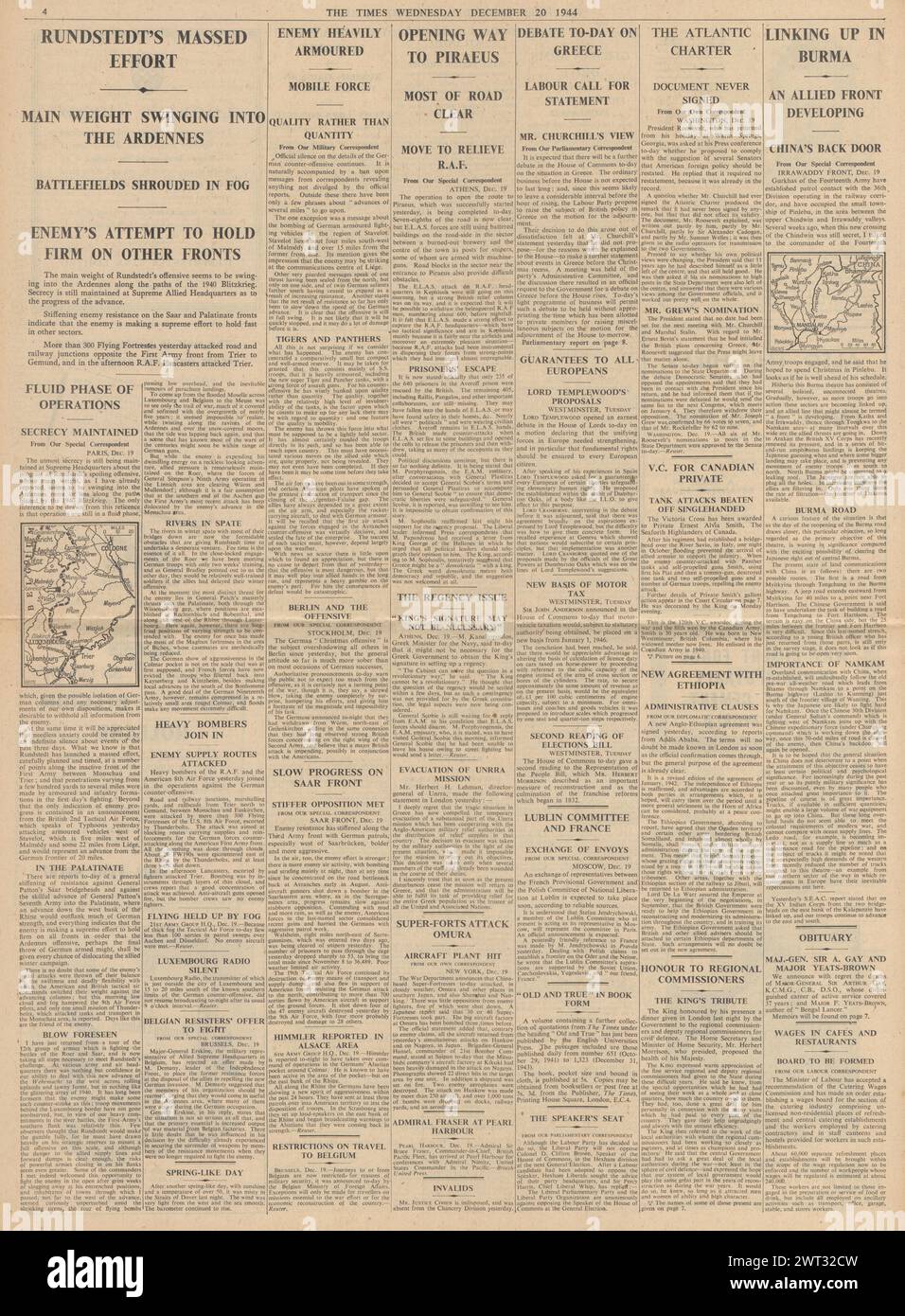 1944 The Times riportava la Battaglia delle Ardenne, il dibattito parlamentare sulla situazione in Grecia, carta atlantica non firmata, gli Alleati si unirono in Birmania e la VC fu assegnata a Ernest Smith Foto Stock