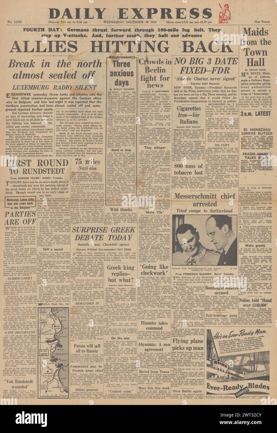 1944 Daily Express front page reporting Battaglia di Bulge Foto Stock