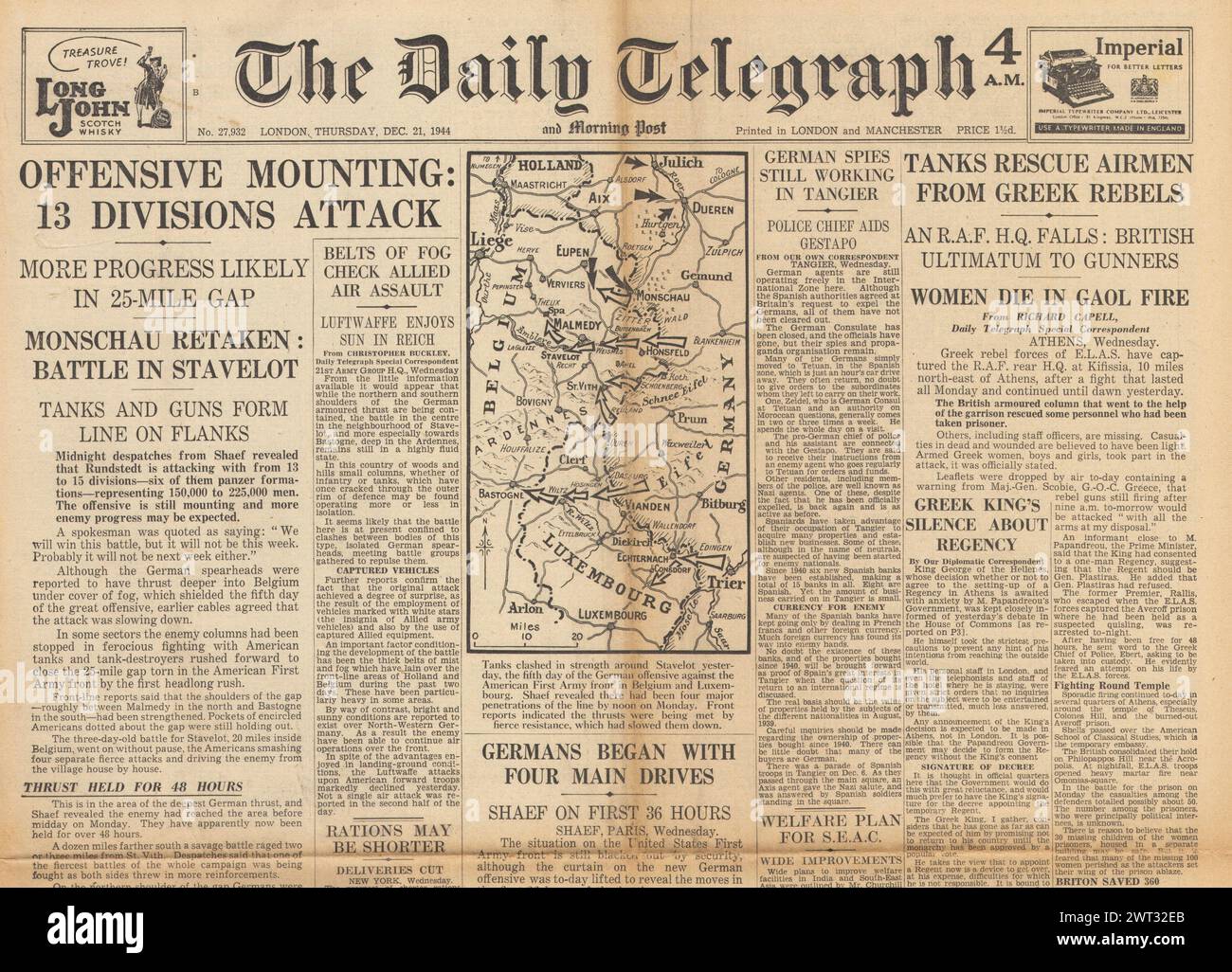 1944 la prima pagina del Daily Telegraph riporta la battaglia delle Ardenne e i disordini in Grecia Foto Stock