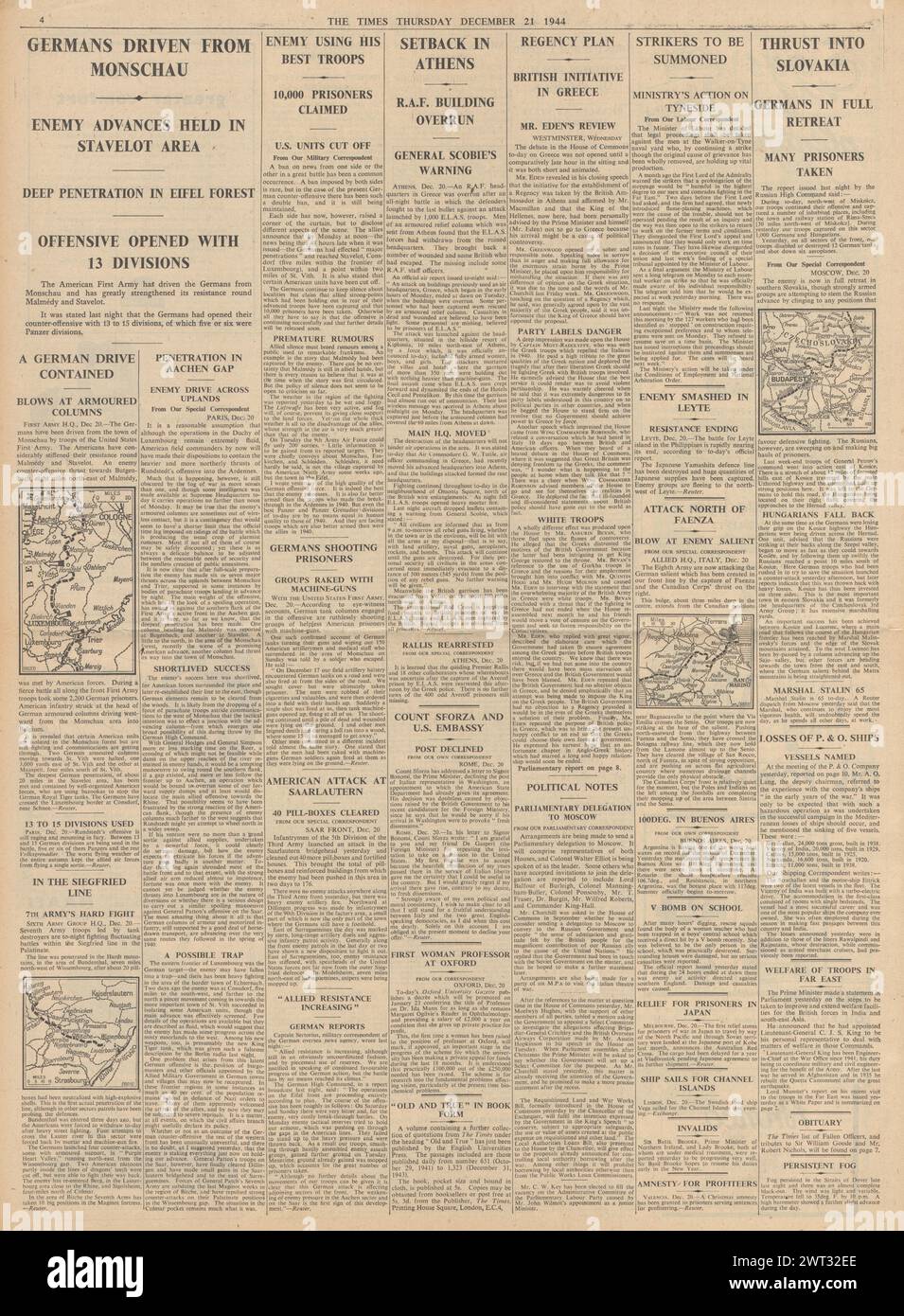 1944 The Times riportava la battaglia delle Ardenne, disordini in Grecia e Armata Rossa in Slovacchia Foto Stock