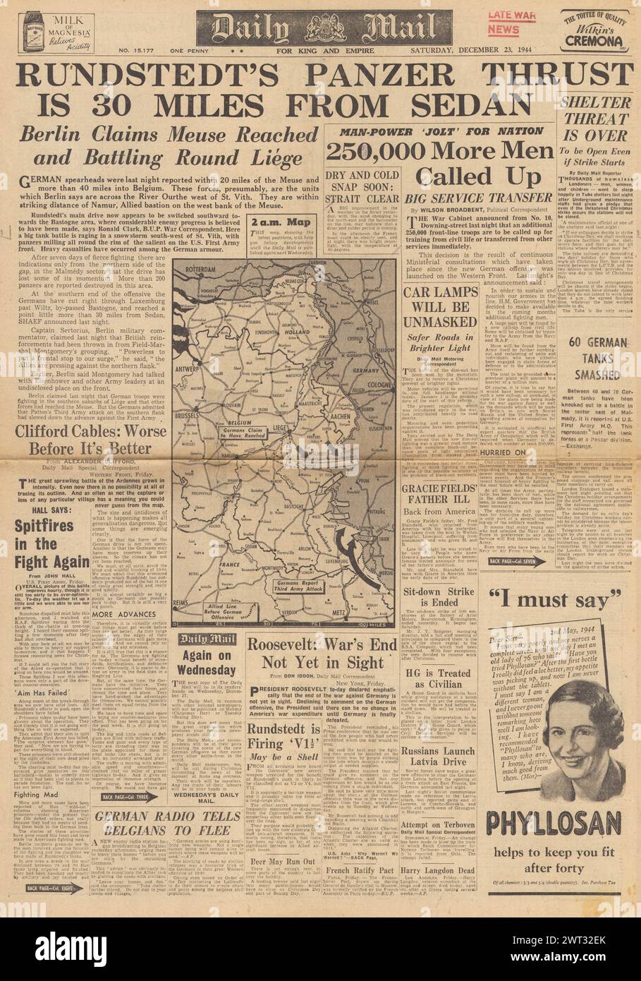 1944 Daily Mail front page reporting Battaglia di Bulge Foto Stock