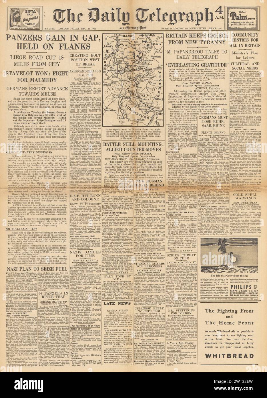 1944 la prima pagina del Daily Telegraph riporta la battaglia delle Ardenne e i disordini in Grecia Foto Stock