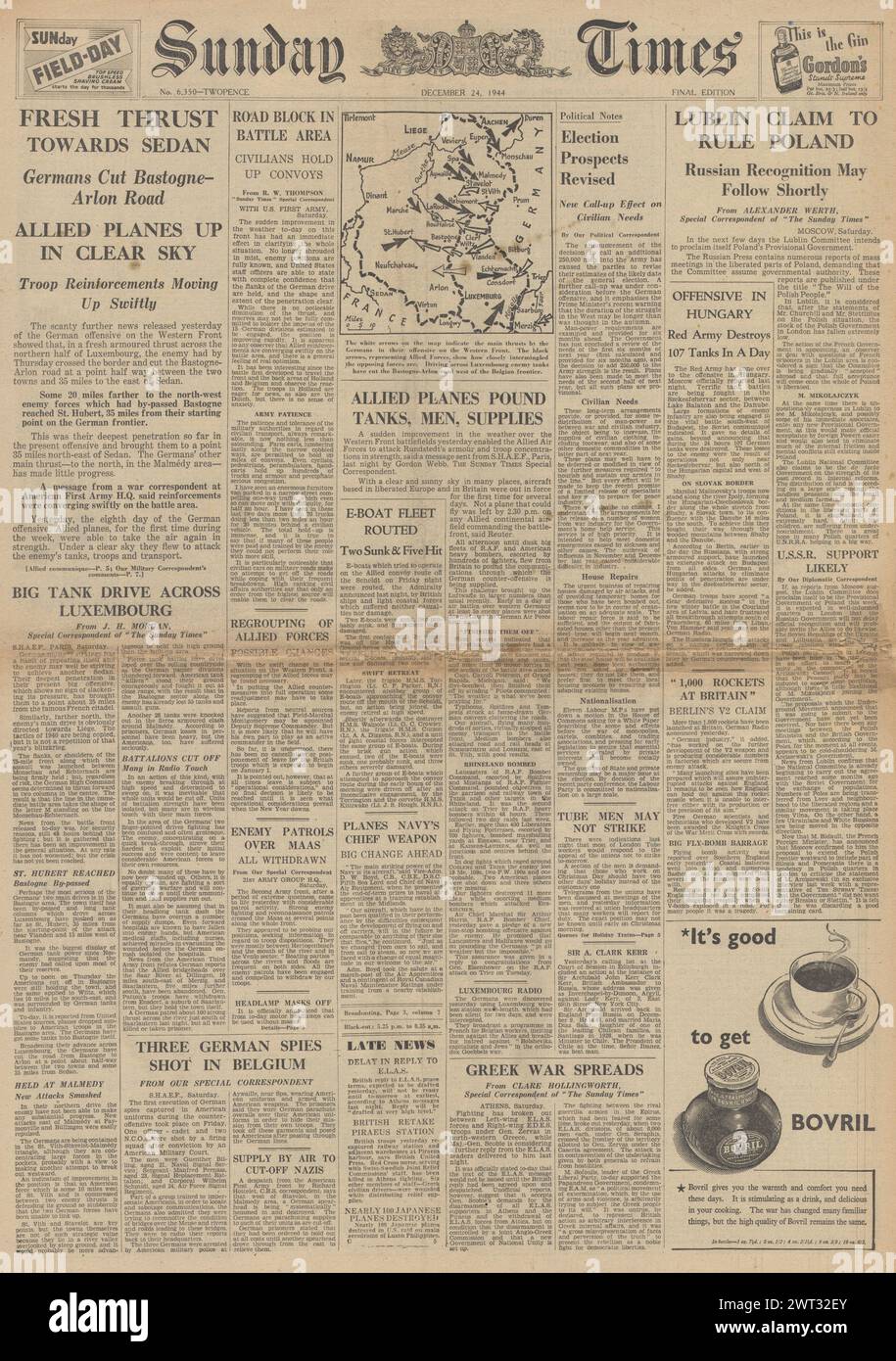 1944 la prima pagina del Sunday Times riporta la Battaglia delle Ardenne Foto Stock
