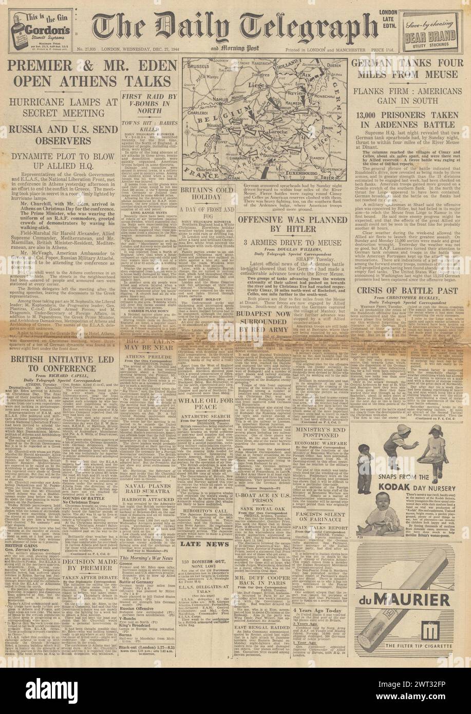 1944 la prima pagina del Daily Telegraph riporta la Battaglia delle Ardenne e Churchill ad Atene per i colloqui di crisi Foto Stock