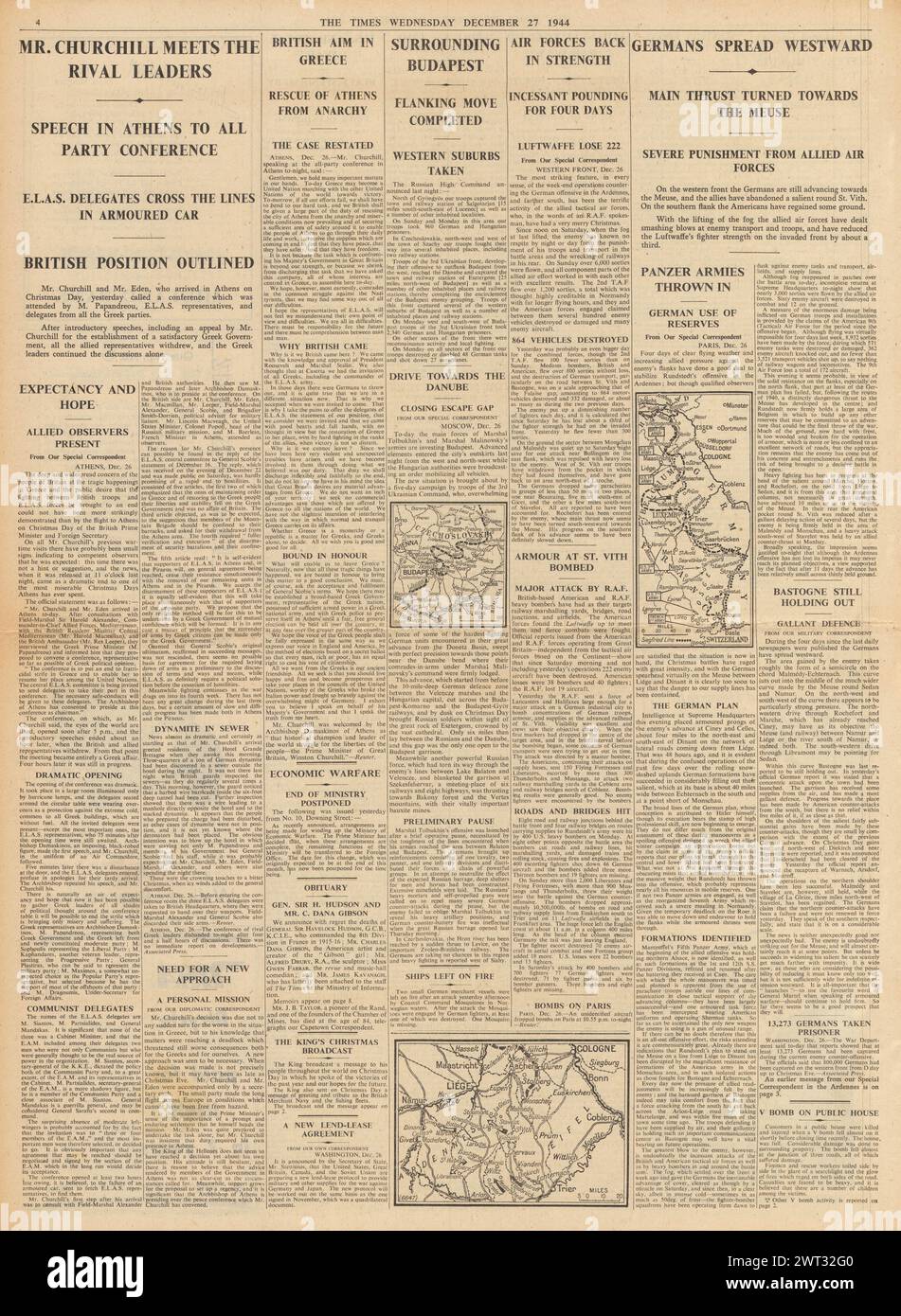 1944 il Times riporta la Battaglia delle Ardenne, Churchill ad Atene per i colloqui di crisi e l'Armata Rossa circondano Budapest Foto Stock