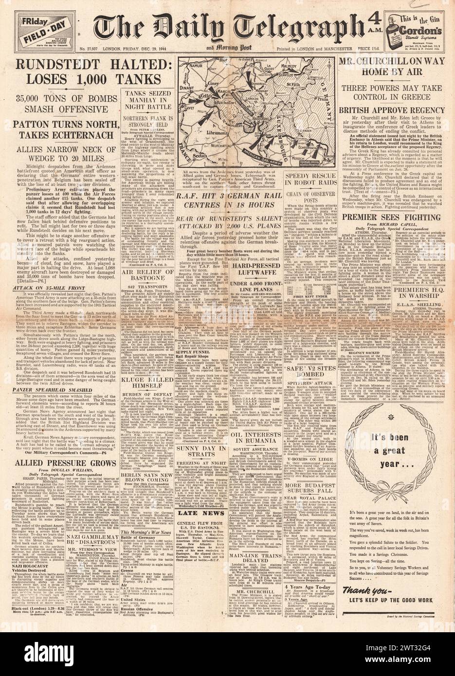 1944 la prima pagina del Daily Telegraph riportava la Battaglia delle Ardenne e i centri ferroviari tedeschi della RAF Foto Stock