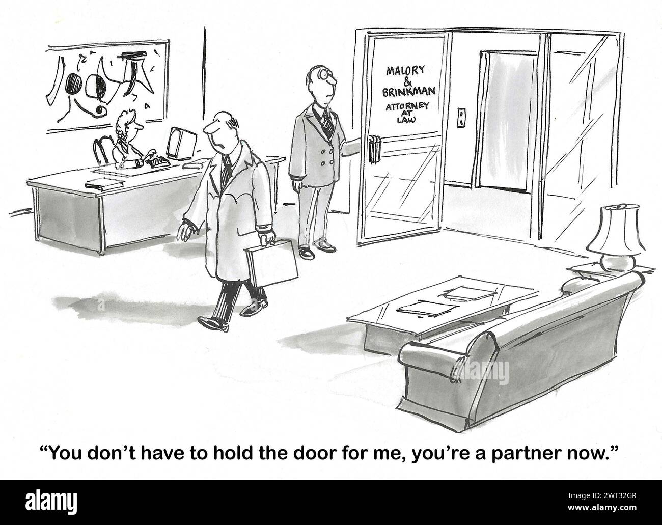 Fumetto BW di un partner legale che tiene la porta per il suo "capo". Il capo gli ricorda che è un partner, quindi non ha bisogno di tenere la porta. Foto Stock