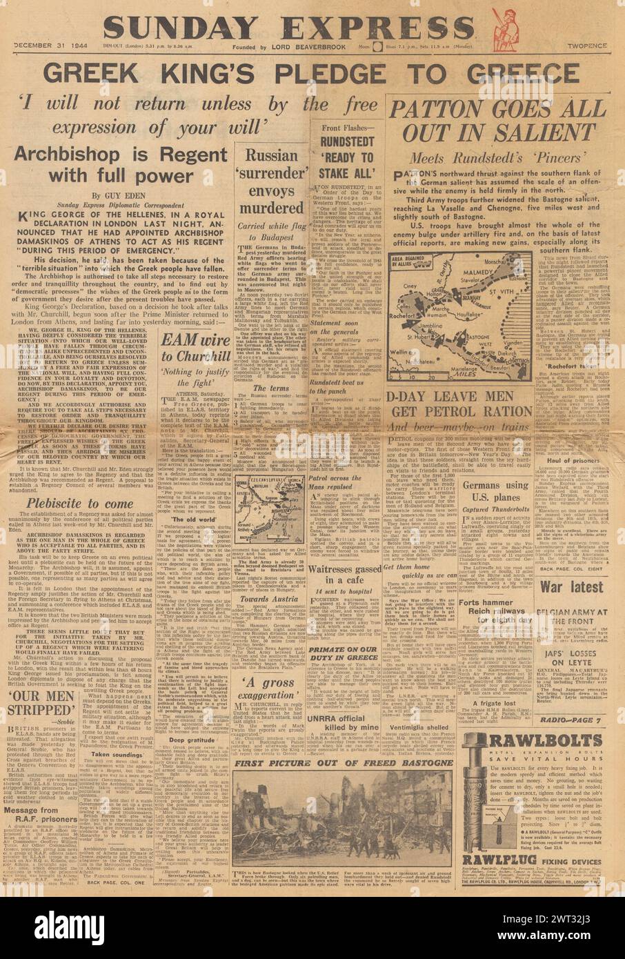 1944 la prima pagina di Sunday Express che riporta la Battaglia delle Ardenne e re Giorgio di Grecia si impegna al popolo greco Foto Stock