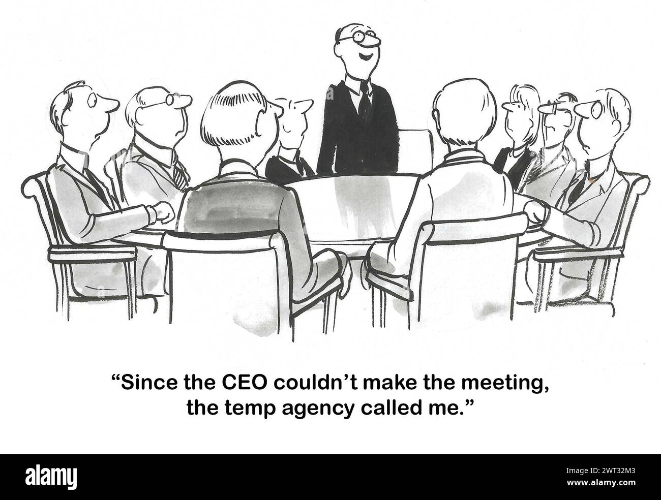 BW cartone animato di una riunione d'affari, il CEO non può farlo, quindi l'agenzia temporanea ha inviato un CEO sostitutivo. Foto Stock