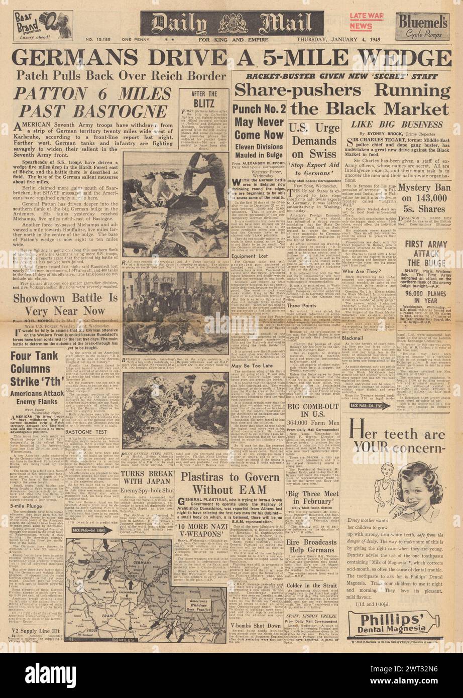 1945 la prima pagina del Daily mail riporta la Battaglia della Saar, la Battaglia delle Ardenne e il problema del mercato nero Foto Stock