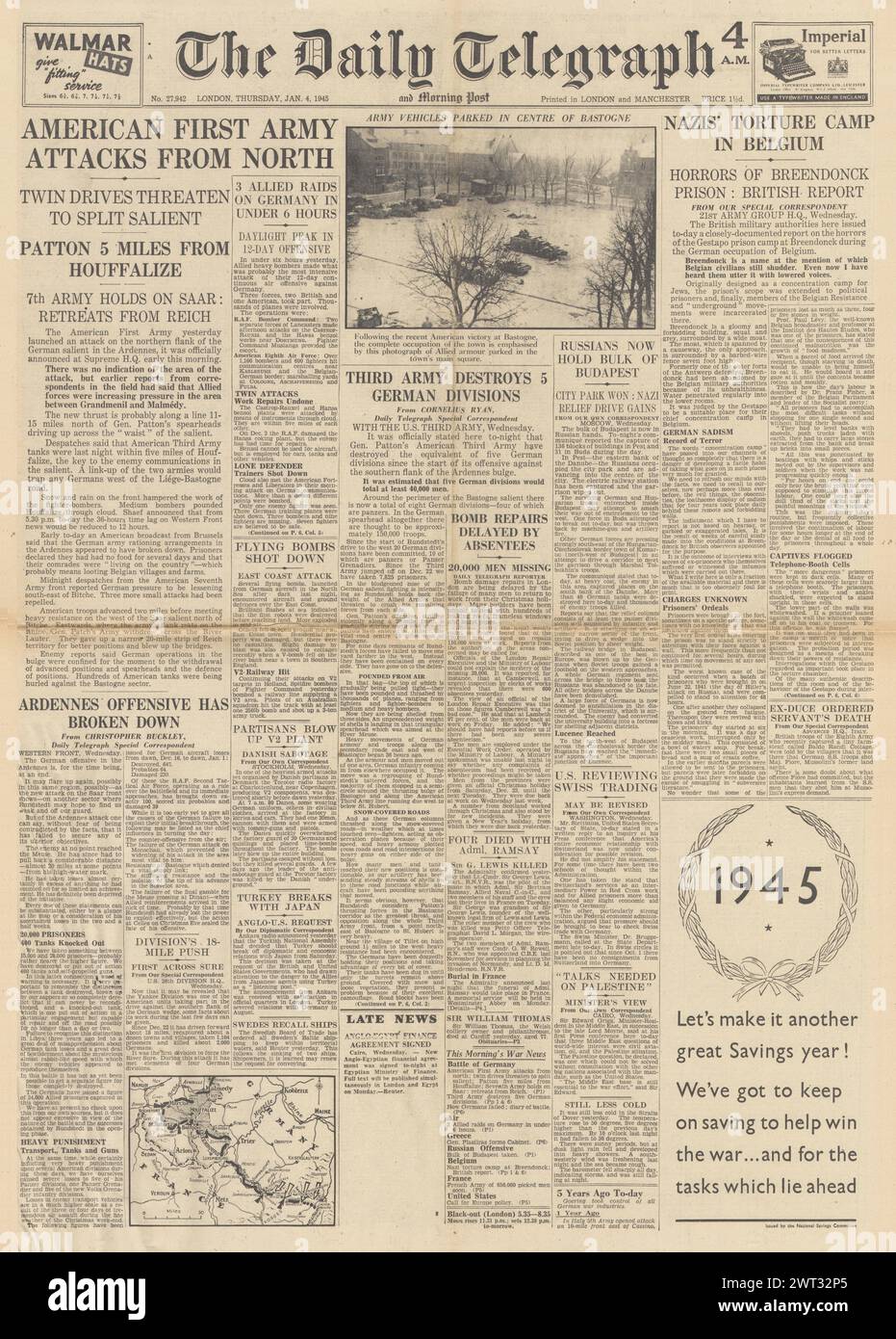1945 la prima pagina del Daily Telegraph riporta la battaglia delle Ardenne, la battaglia per la Saar, la battaglia per Budapest e la prigione della Gestapo Fort Breendonk Foto Stock