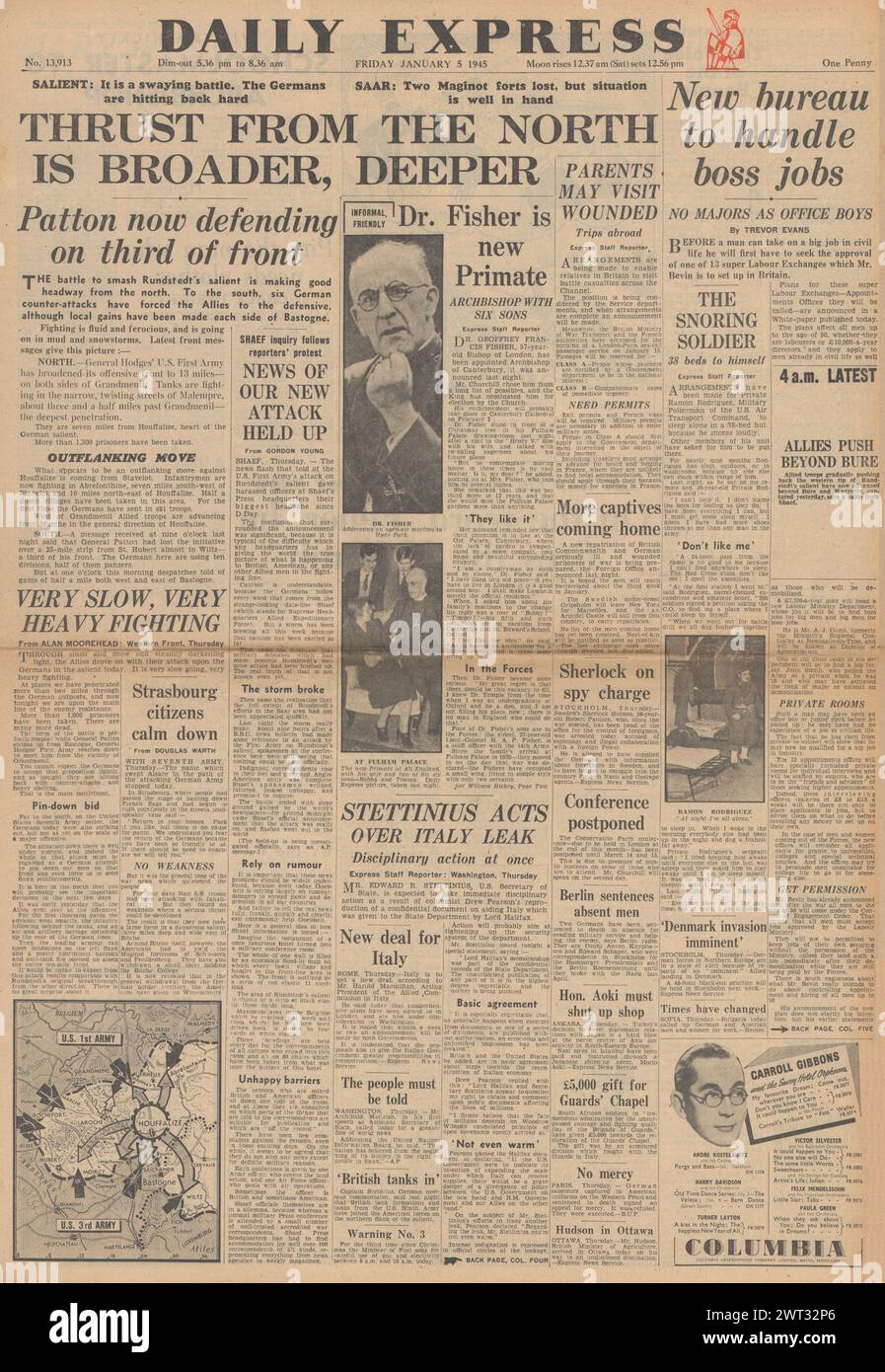 1945 la prima pagina del Daily Express riportava la battaglia delle Ardenne, la battaglia per la Saar e Geoffrey Fisher nominò nuovo arcivescovo di Canterbury Foto Stock