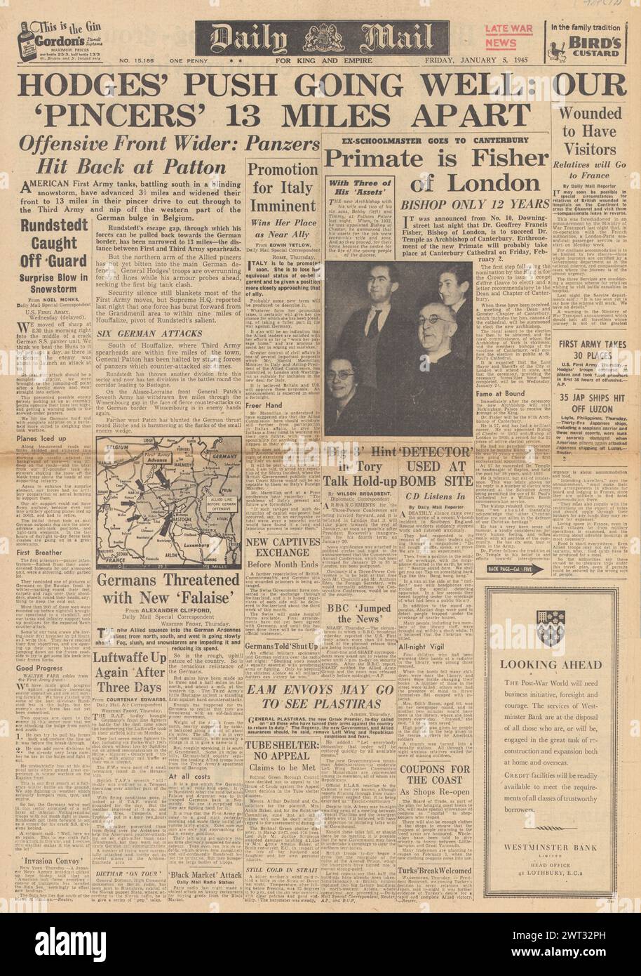 1945 la prima pagina del Daily mail riportava la battaglia delle Ardenne, la battaglia per la Saar e Geoffrey Fisher nominò nuovo arcivescovo di Canterbury Foto Stock