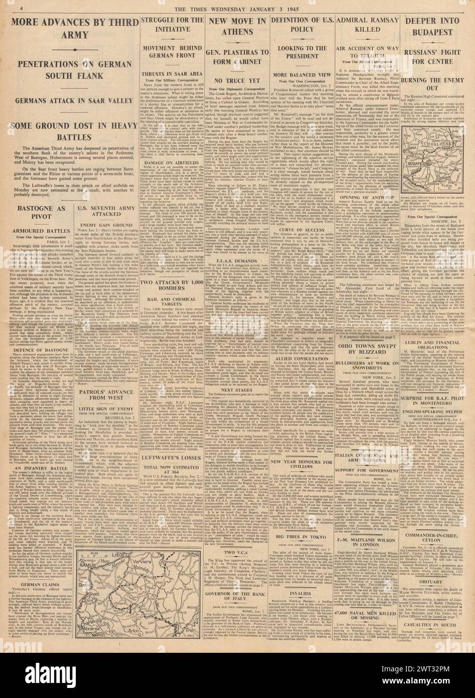 1945 The Times riportava pesanti perdite della Luftwaffe, Battaglia delle Ardenne, Ammiraglio Bertram Ramsey ucciso in Belgio, VC assegnato a George Eardley e disordini ad Atene Foto Stock