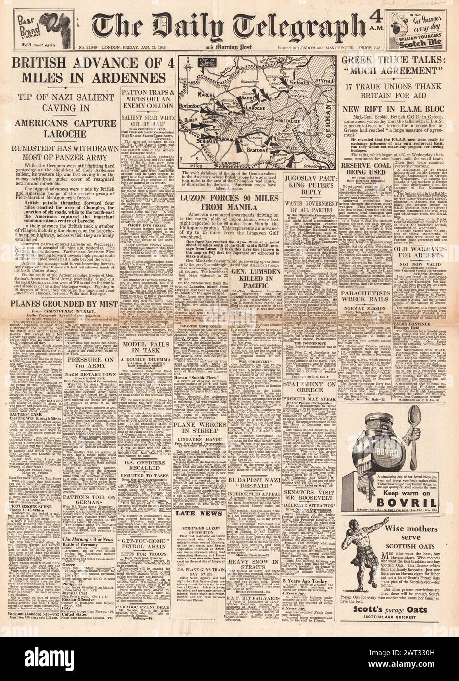 1945 la prima pagina del Daily Telegraph riportava la Battaglia delle Ardenne e le forze statunitensi avanzavano su Manila Foto Stock