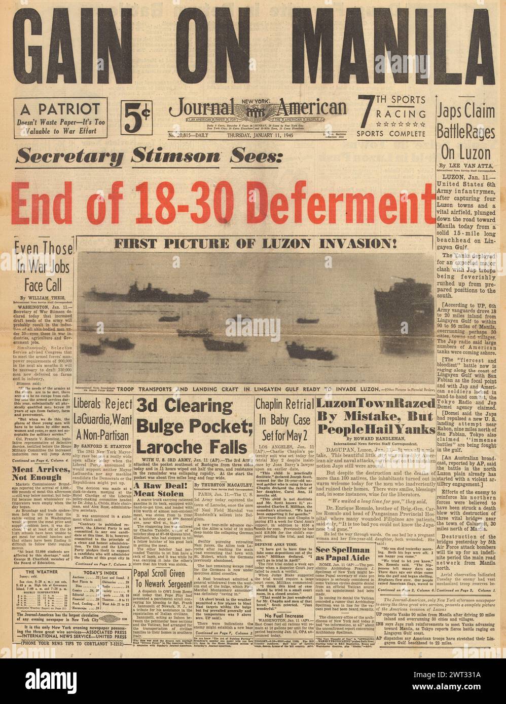 La prima pagina del Journal American del 1945 riporta la Battaglia delle Ardenne e le forze statunitensi avanzano su Manila Foto Stock