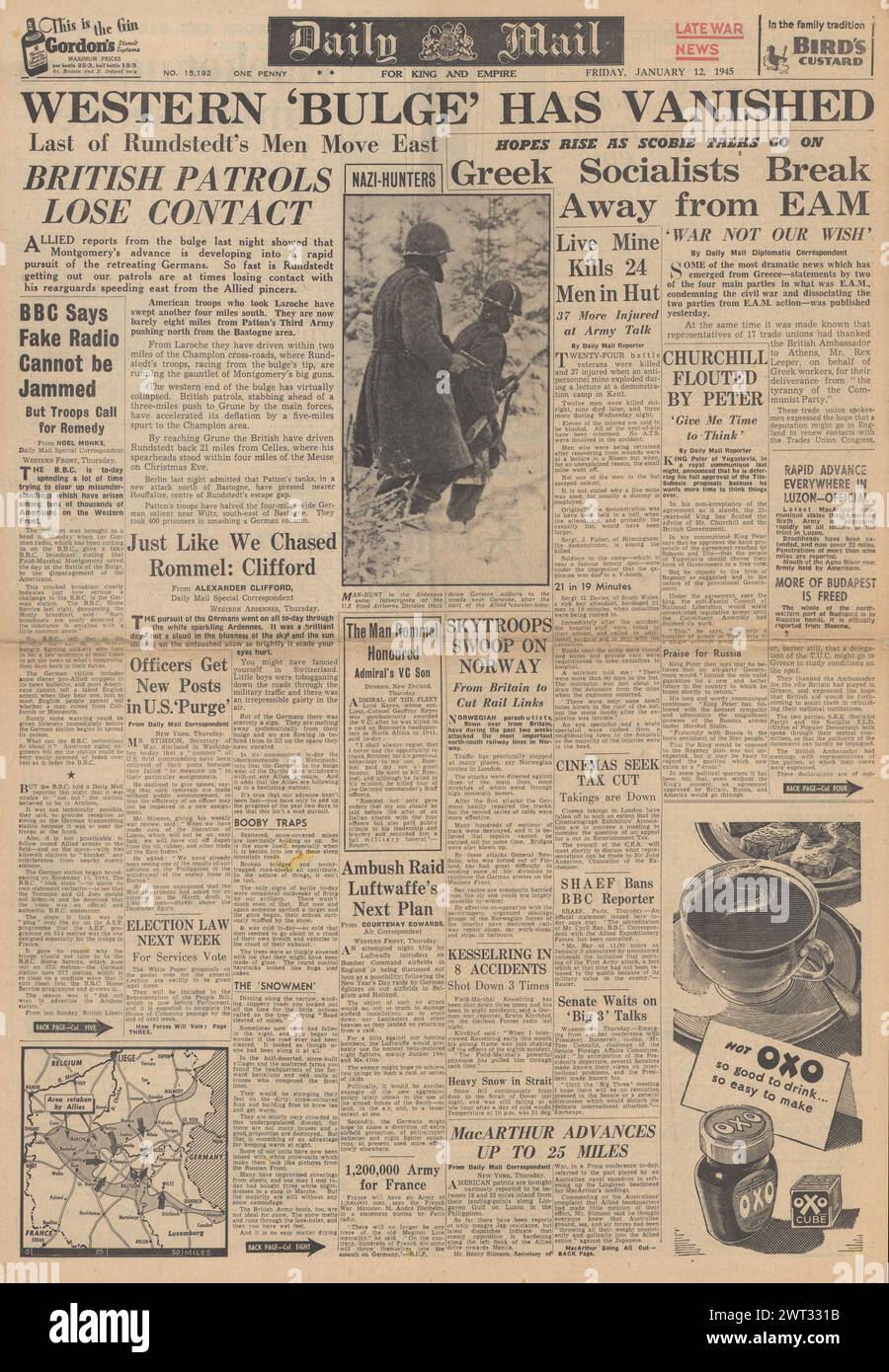 1945 la prima pagina del Daily mail riporta la Battaglia delle Ardenne, le forze statunitensi avanzano su Manila e combattono per Budapest Foto Stock
