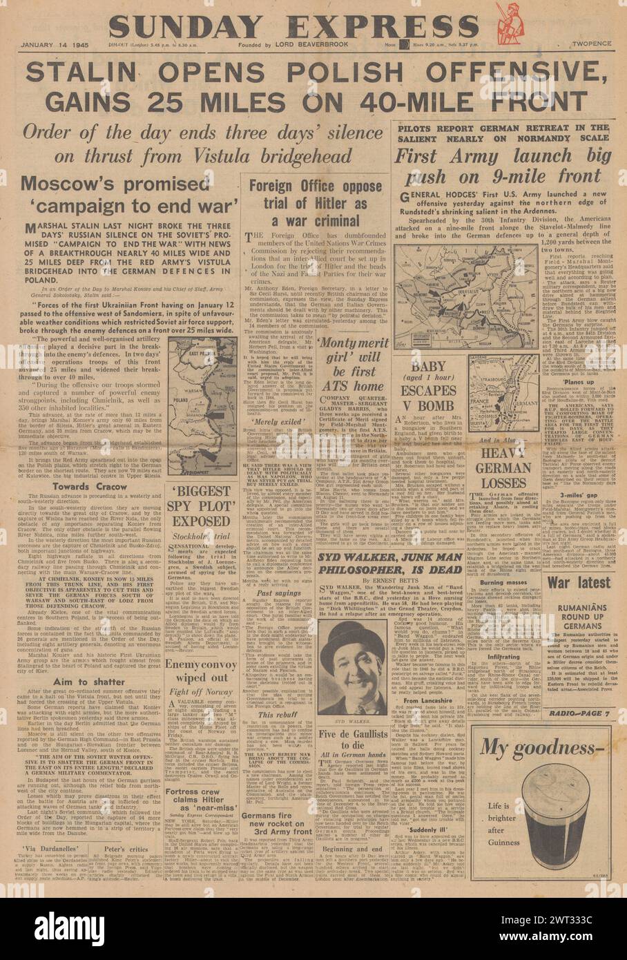 1945 la prima pagina di Sunday Express riporta la battaglia delle Ardenne e la grande offensiva dell'Armata Rossa in Polonia Foto Stock