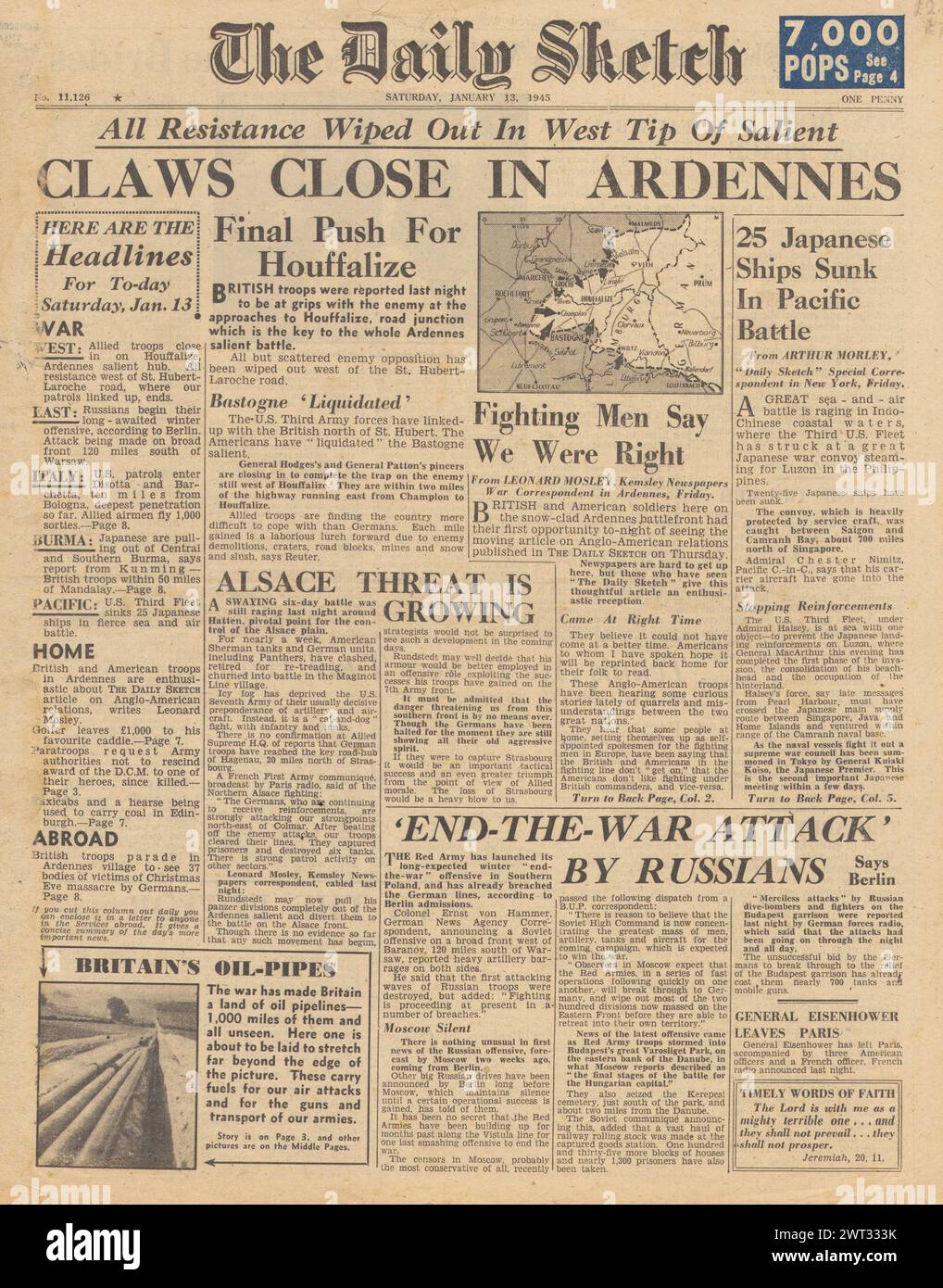 1945 la prima pagina del Daily Sketch riportava le perdite della Battaglia delle Ardenne e della Marina giapponese al largo dell'Indo Cina Foto Stock