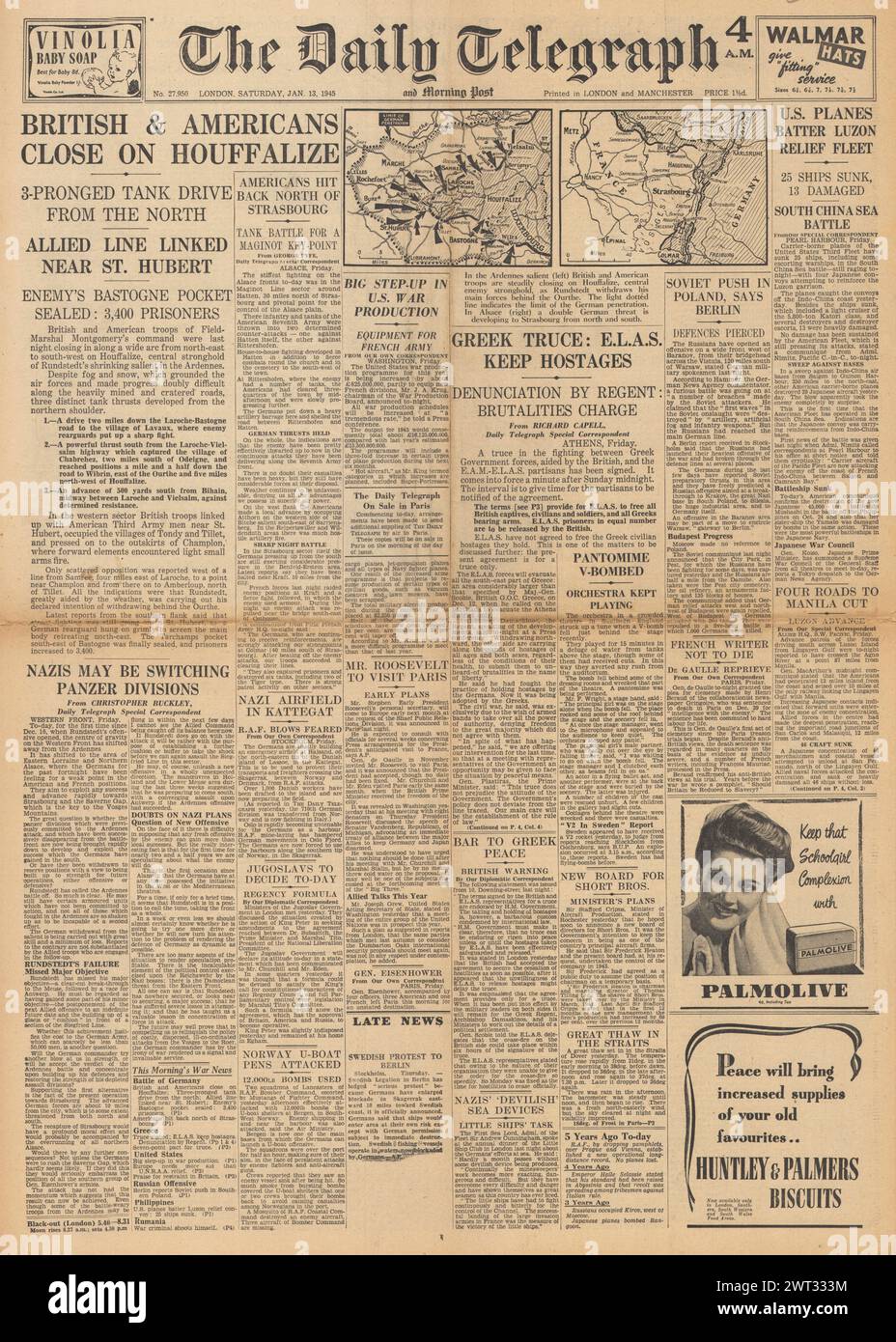 1945 la prima pagina del Daily Telegraph riportava la battaglia delle Ardenne e le perdite della Marina giapponese al largo dell'Indo Cina Foto Stock