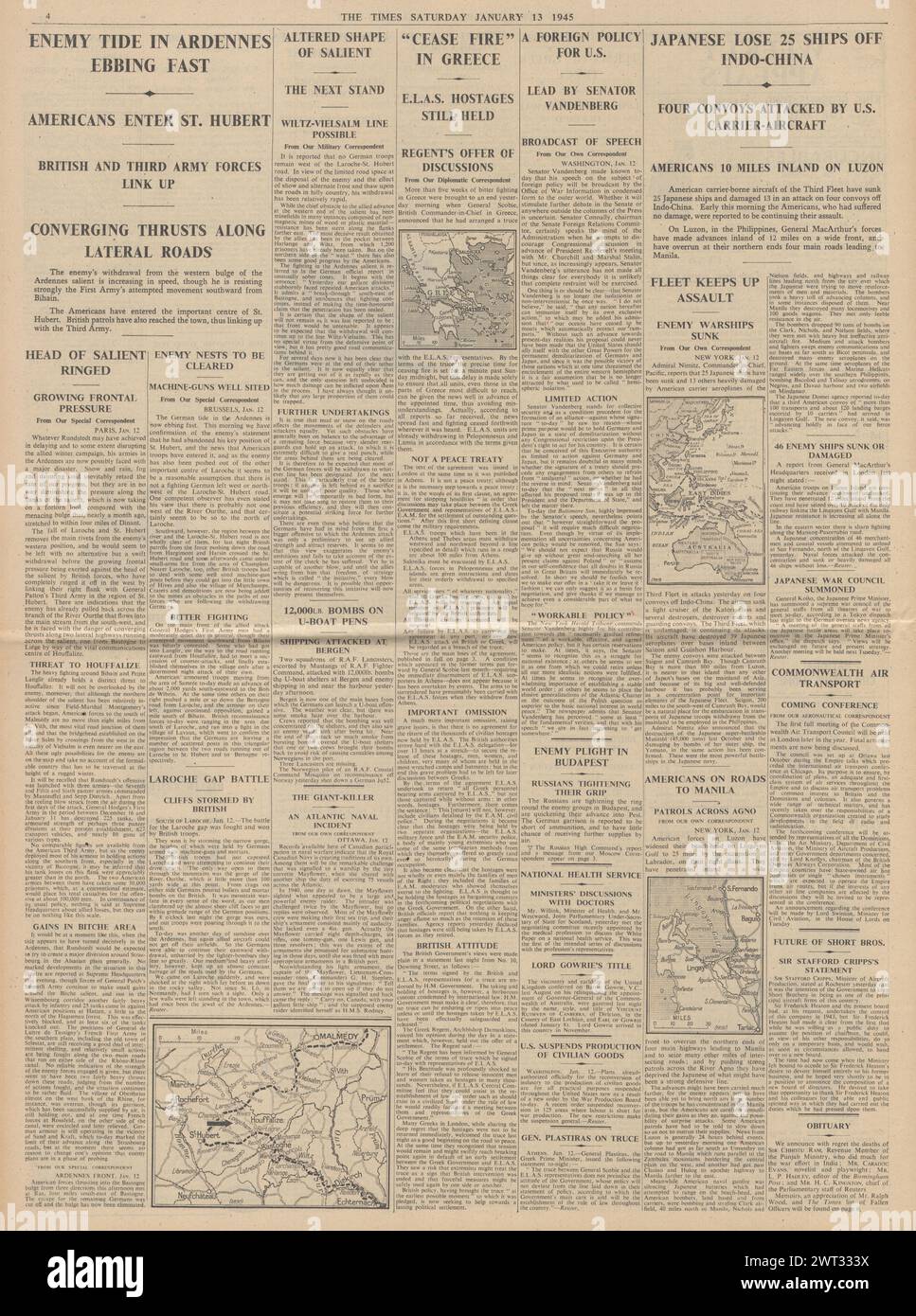 1945 The Times riportava la Battaglia delle Ardenne, i colloqui di pace in Grecia e le perdite della Marina giapponese al largo dell'Indo Cina Foto Stock