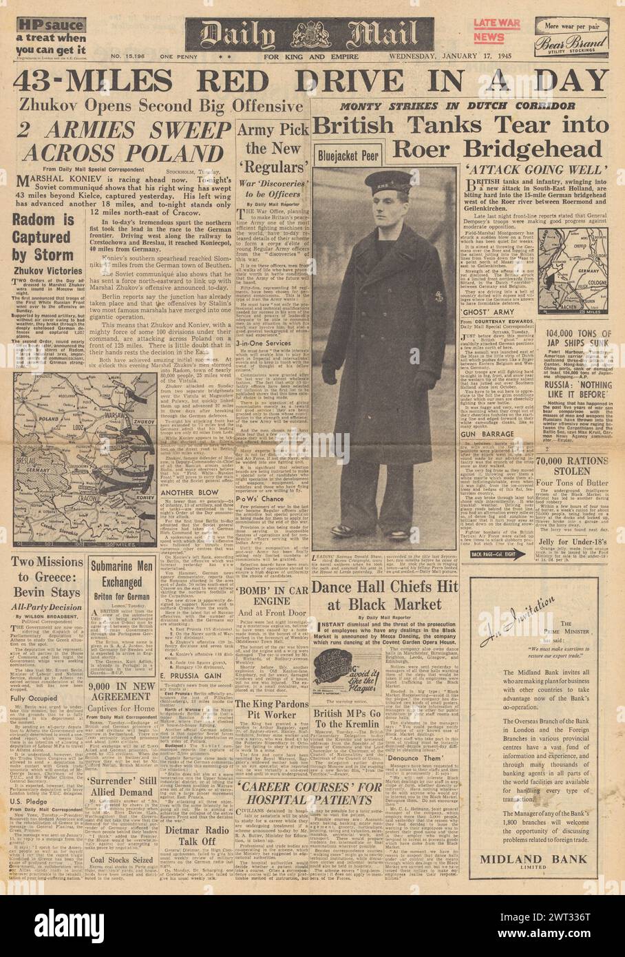 1945 la prima pagina del Daily mail riportava l'avanzata dell'Armata Rossa in Polonia, la Battaglia delle Ardenne e le forze britanniche avanzavano in Olanda fino al confine tedesco Foto Stock