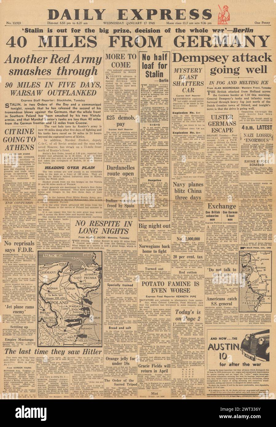 1945 la prima pagina del Daily Express riportava l'avanzata dell'Armata Rossa in Polonia, la Battaglia delle Ardenne e le forze britanniche avanzavano in Olanda fino al confine tedesco Foto Stock