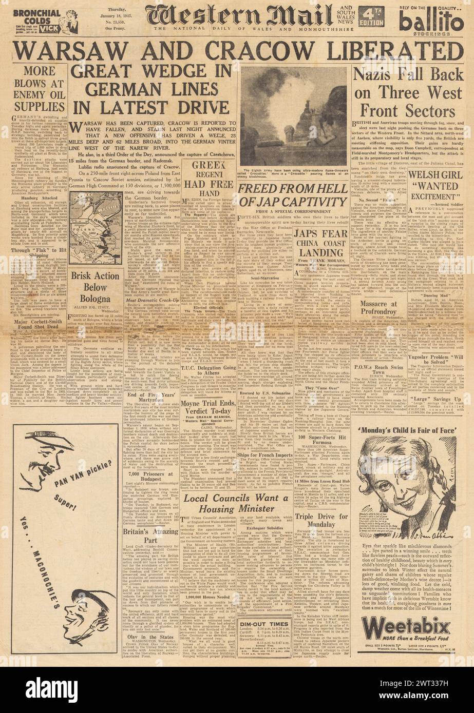 1945 la Western mail in prima pagina riportava la cattura dell'Armata Rossa di Varsavia e Cracovia e la Battaglia delle Ardenne Foto Stock