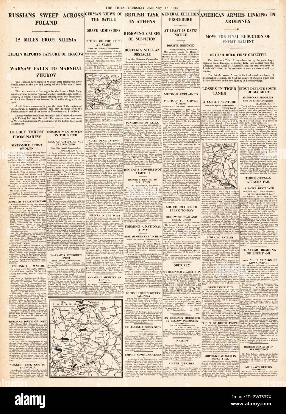 1945 The Times riportava la cattura dell'Armata Rossa di Varsavia e Cracovia, la battaglia delle Ardenne e Plastirus prometteva elezioni in Grecia Foto Stock