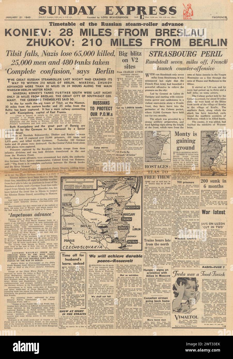 1945 la prima pagina del Sunday Express riporta che l'Armata Rossa si reca in Germania e le forze tedesche minacciano Strasburgo Foto Stock