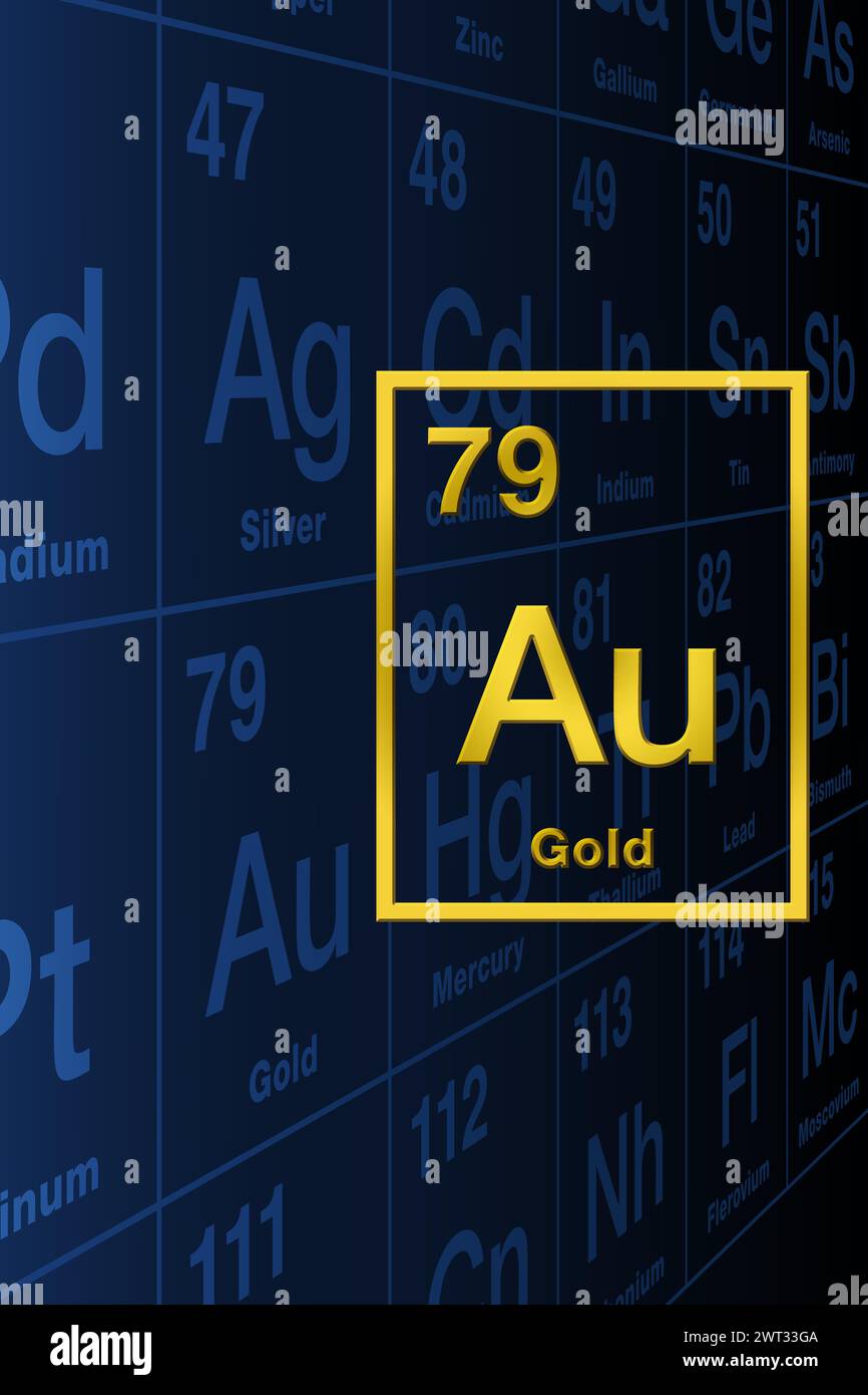Oro, simbolo di elemento chimico con forma in rilievo, tratto dalla tavola periodica sullo sfondo. Metallo nobile e prezioso con simbolo chimico Au. Foto Stock