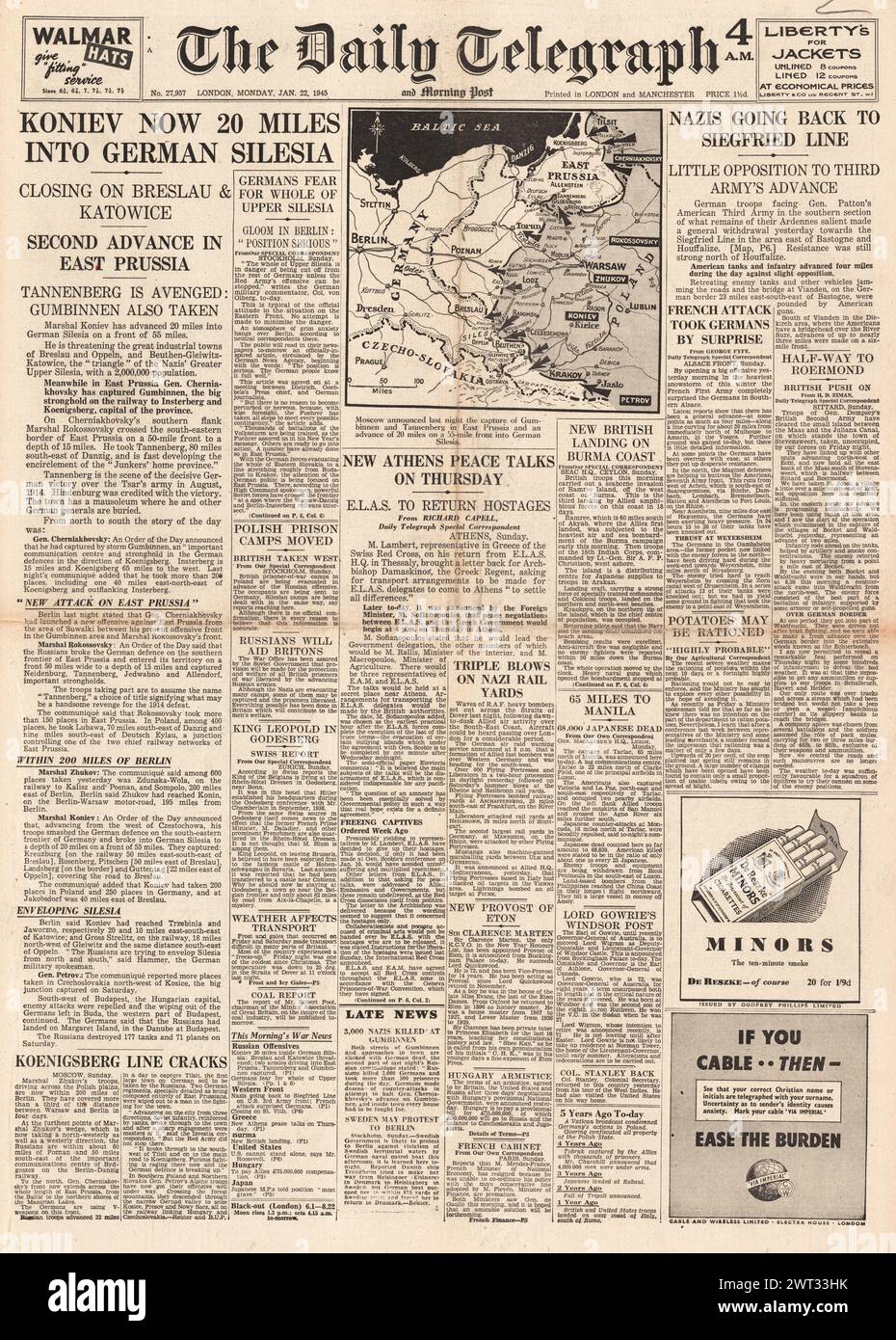 1945 la prima pagina del Daily Telegraph riportava il viaggio dell'Armata Rossa in Slesia, le forze britanniche avanzavano intorno a Sittard, la terra britannica sull'isola di Ramree e il memoriale di Tannenberg catturato Foto Stock